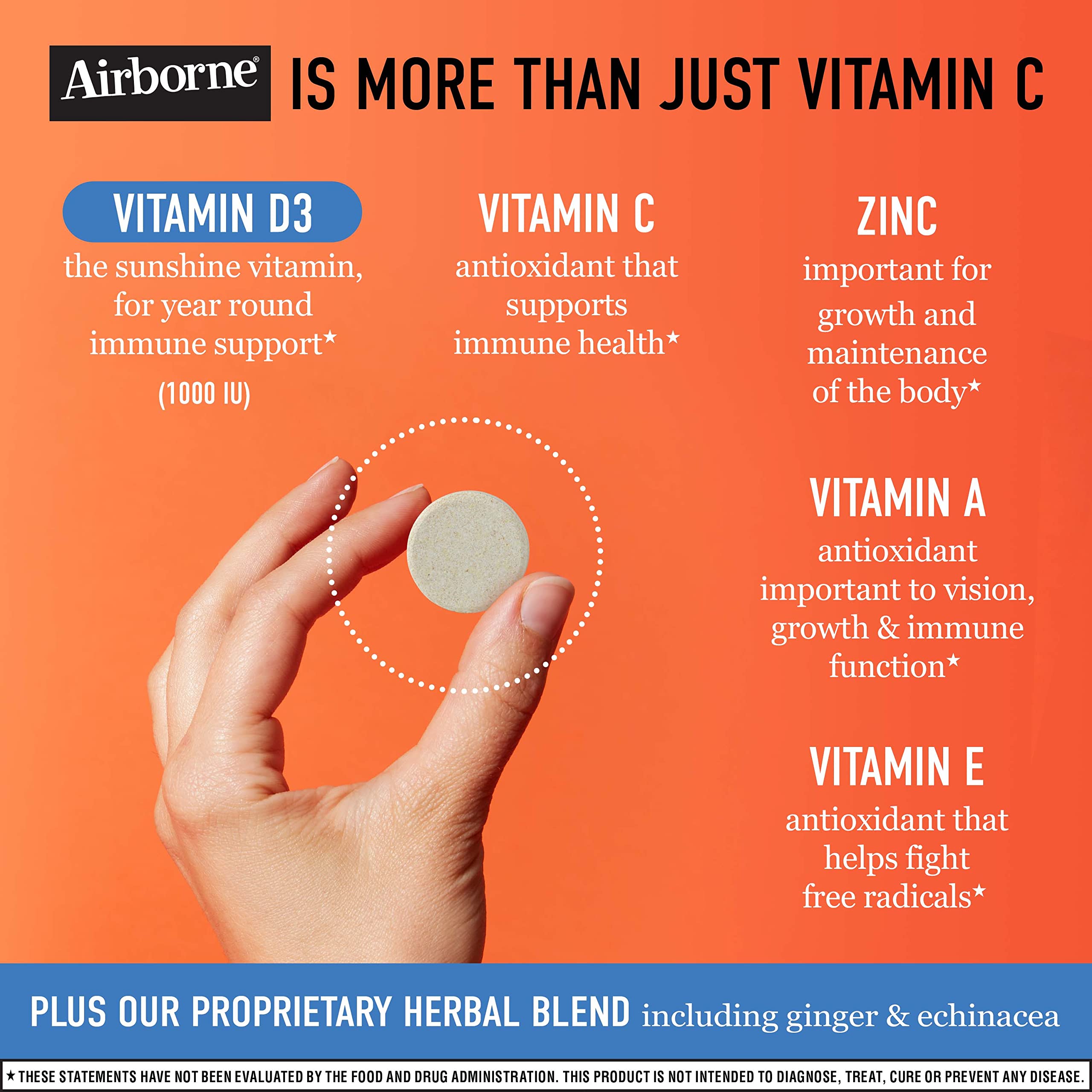 Airborne 750mg Vitamin C with Zinc Effervescent Tablets, Immune Support Supplement with Powerful Antioxidants Vitamins A C D3 & E - 27 Fizzy Drink Tablets, Zesty Orange Flavor