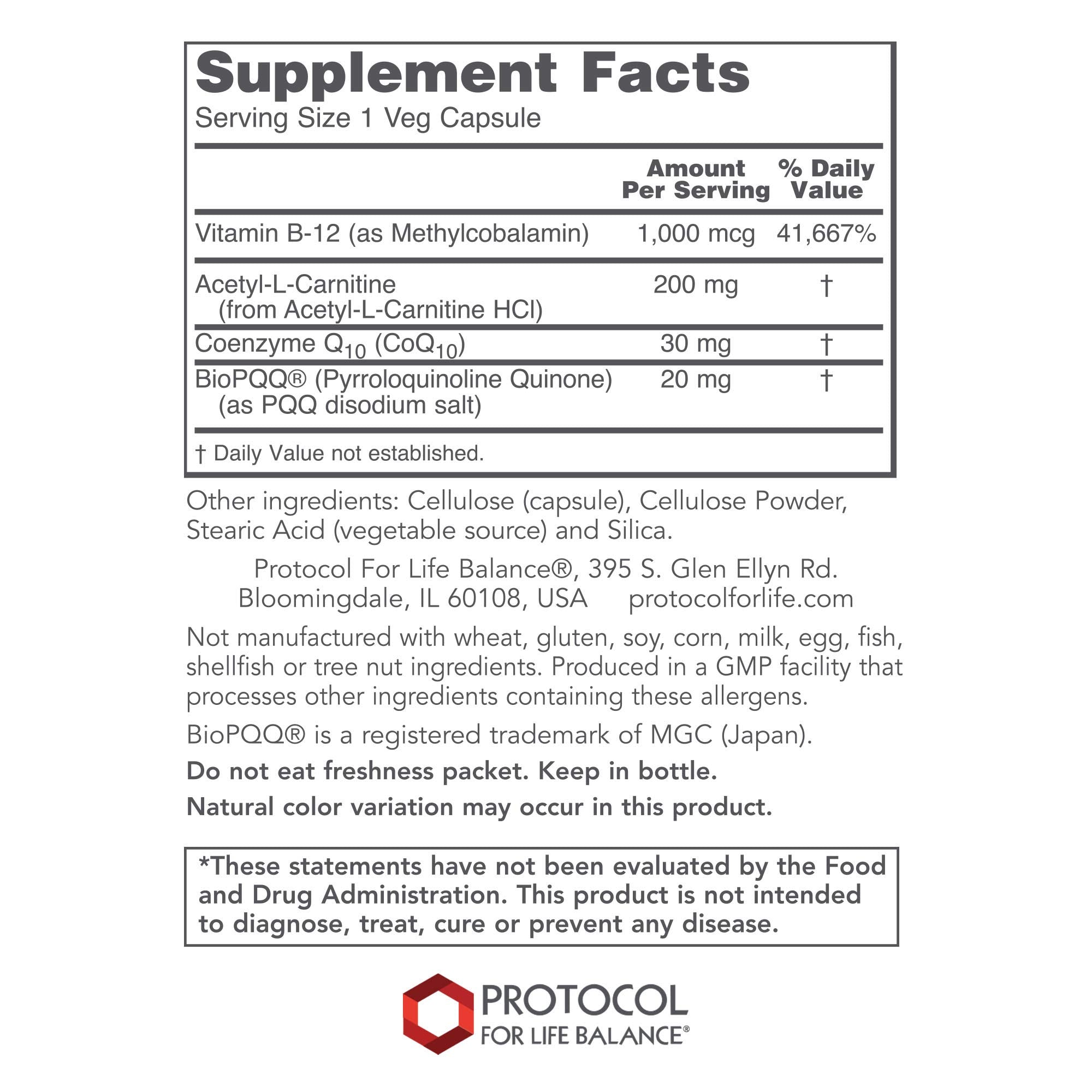 Protocol PQQ Complex - CoQ10, Acetyl-L-Carnitine, Vitamin B12 - Energy - 30 Veg Caps