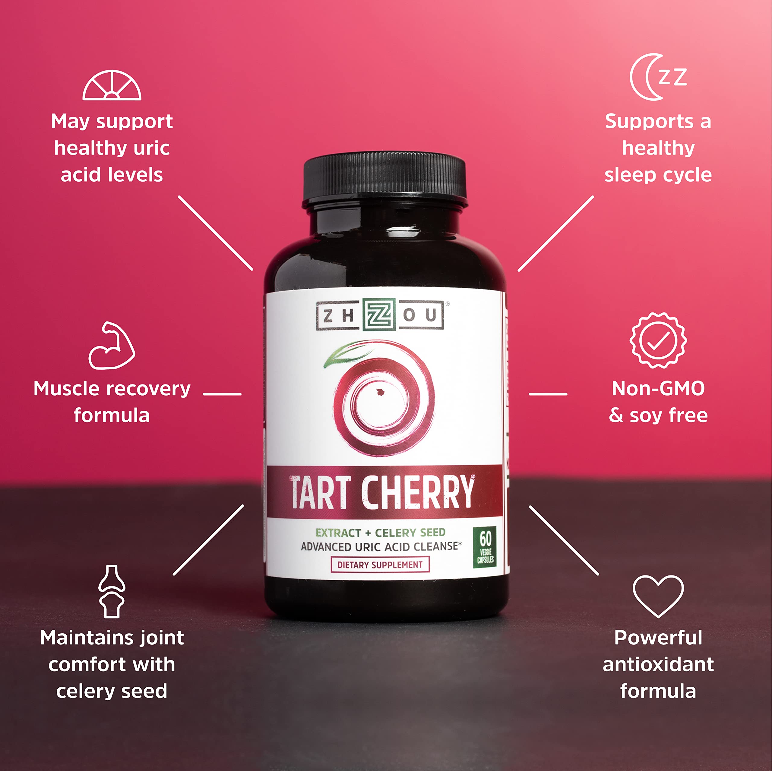 Zhou Tart Cherry Extract with Celery Seed | Advanced Uric Acid Cleanse for Joint Comfort, Healthy Sleep Cycles & Muscle Recovery | 30 Servings, 60 Veggie Caps