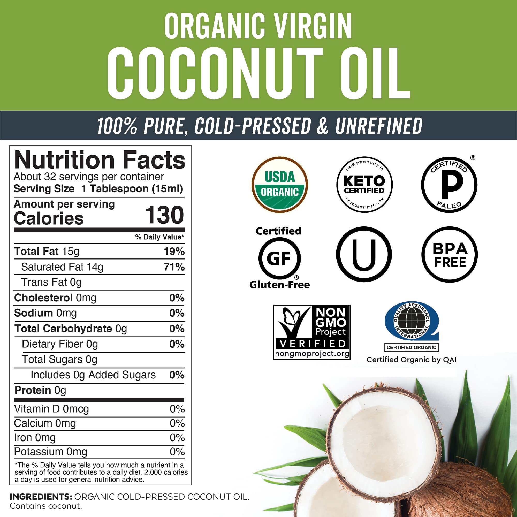 Organic Coconut Oil, Cold-Pressed - Natural Hair /Skin Oil and Cooking Oil with Fresh Flavor, Non-GMO Unrefined Extra Virgin(Aceite de Coco), USDA Organic, 16 oz