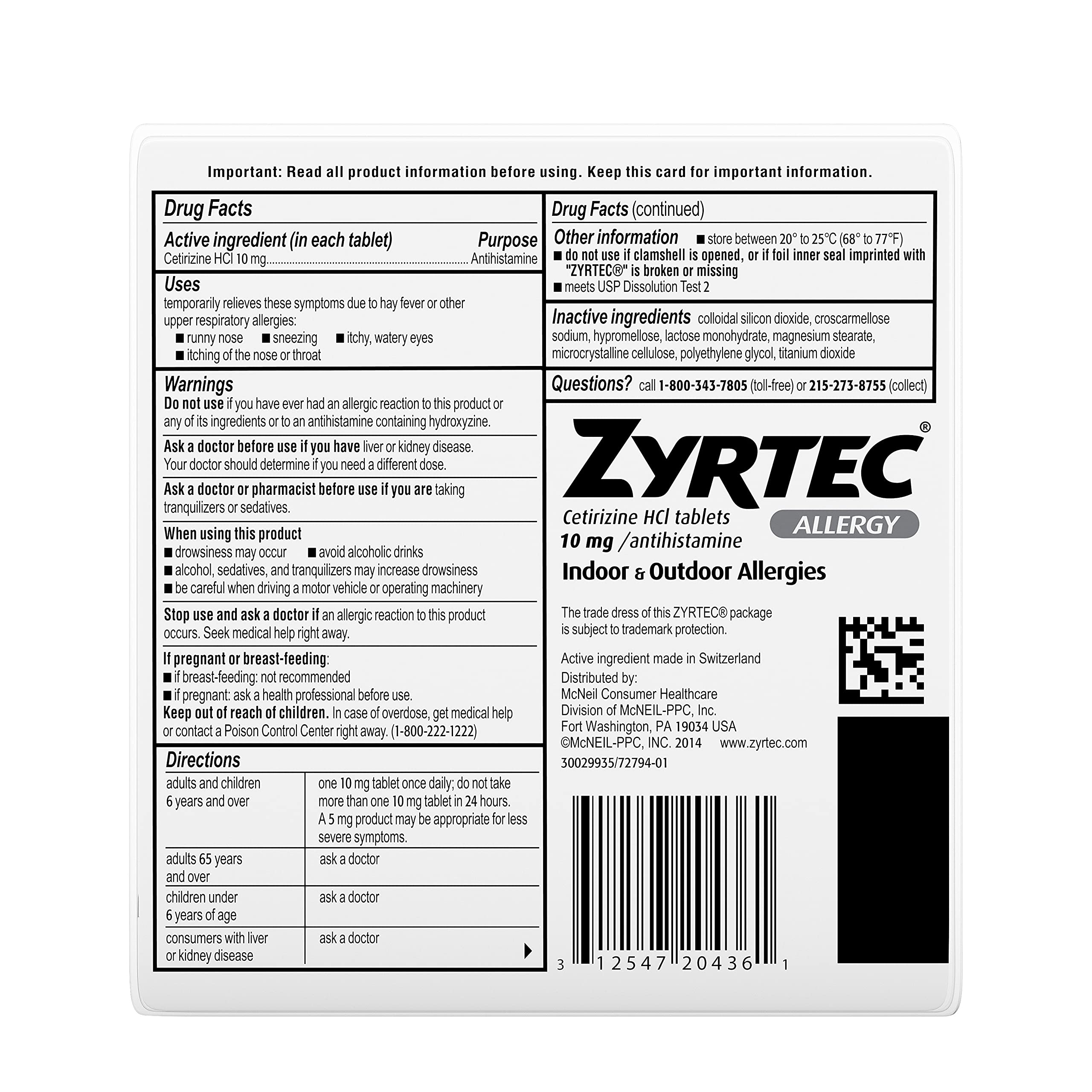 Zyrtec 24 Hour Allergy Relief Tablets, 10 mg Cetirizine HCl Antihistamine Allergy Medicine, 30 ct