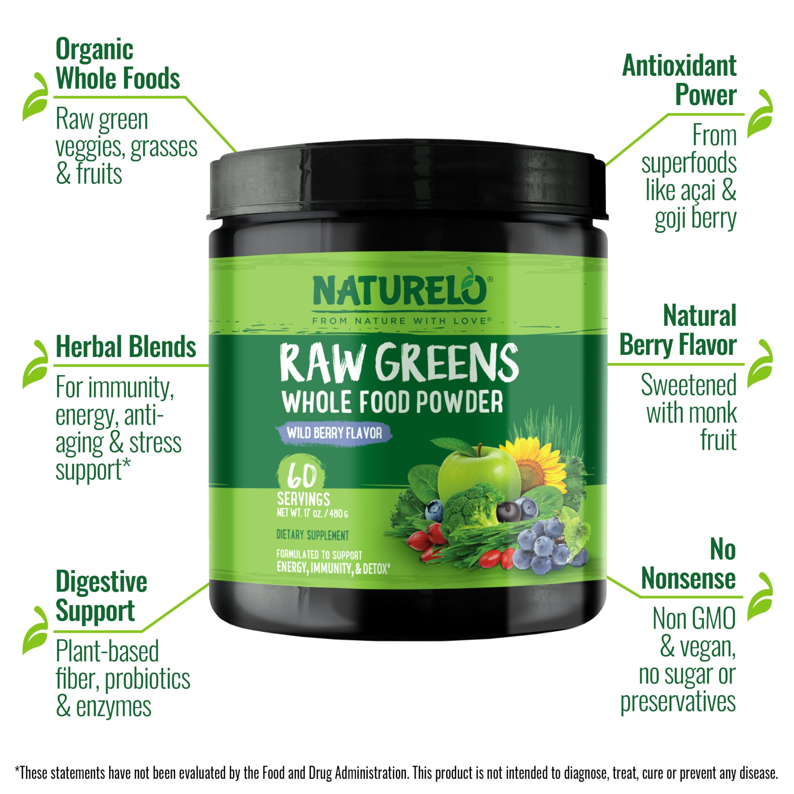 NATURELO Raw Greens Superfood Powder - Wild Berry Flavor - Boost Energy, Detox, Enhance Health - Organic Spirulina - Wheat Grass - Whole Food Nutrition from Fruits & Vegetables - 60 Servings