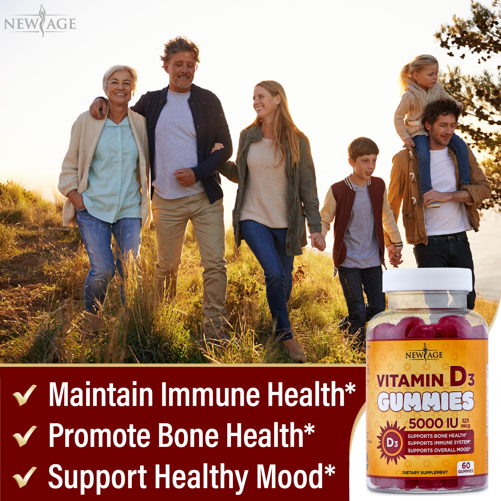 NEW AGE Vitamin D3 5000 IU 125mcg Gummies - Support Immune Support, Strong Bone Health - Non-GMO, Gluten-Free, Dairy-Free, No Gelatin (120 Gummies (Pack of 2))