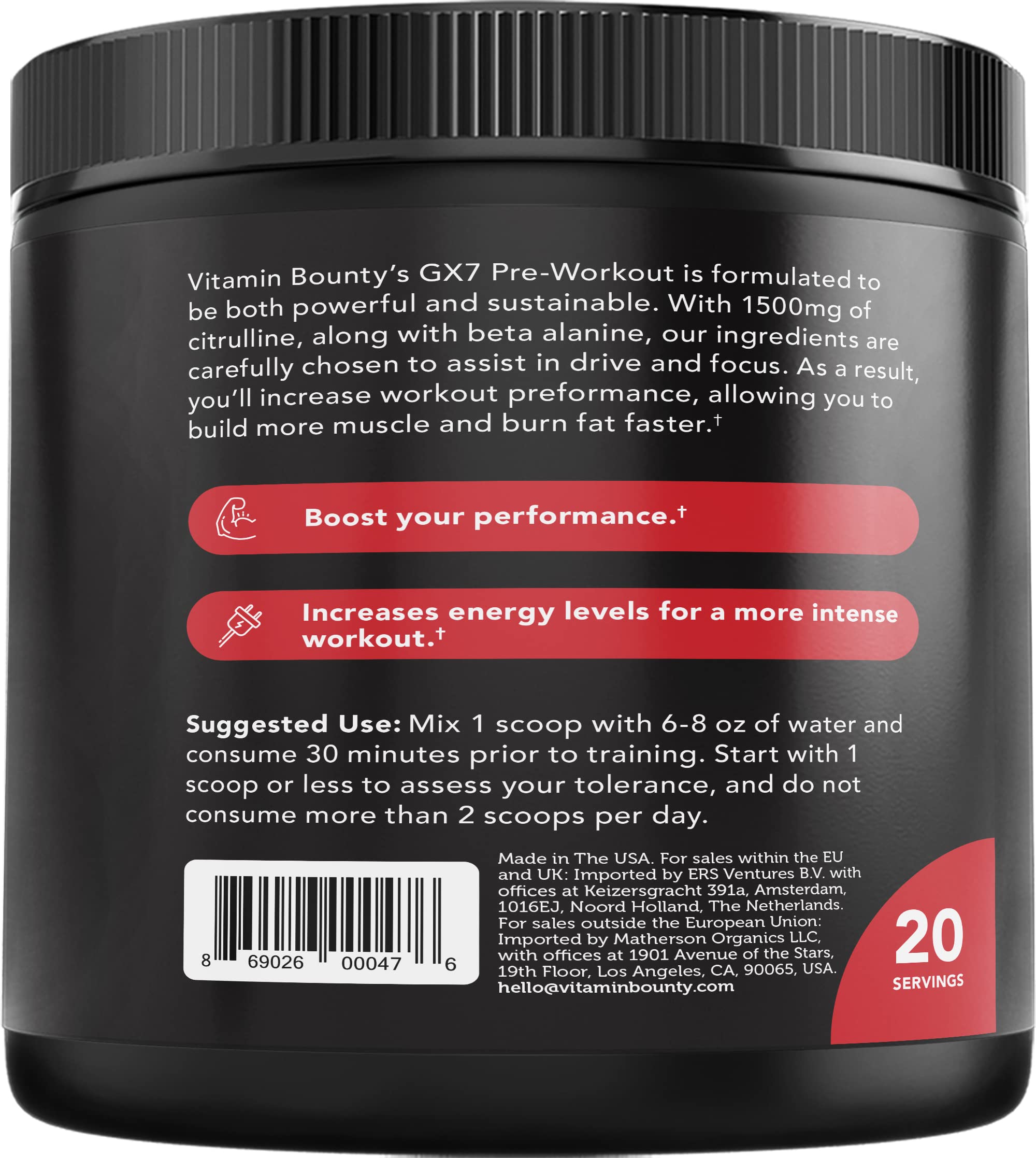 Vitamin Bounty Gx7 Sugar Free Pre Workout Powder, Watermelon - Keto, Energy Supplement with Beta-Alanine, Caffeine, Preworkout for Women and Men, 0g Net Carbs, Non-GMO - 20 Servings