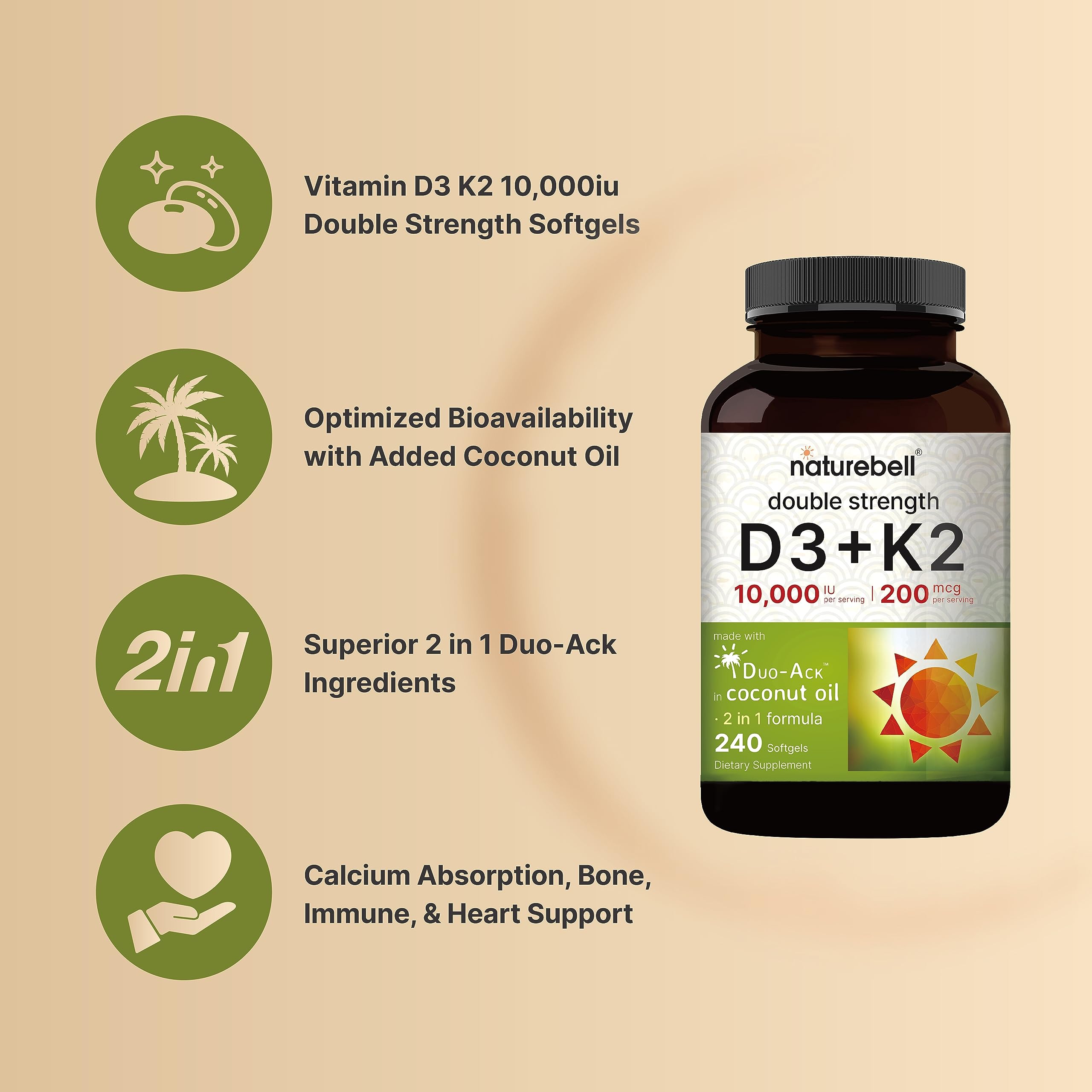 Vitamin D3 K2 (10,000 IU Vitamin D + 200mcg Vitamin K MK-7) 240 Softgels with Coconut Oil for Complete Absorption | Bone, Heart, Immune, & Calcium Support | One a Day, Non-GMO