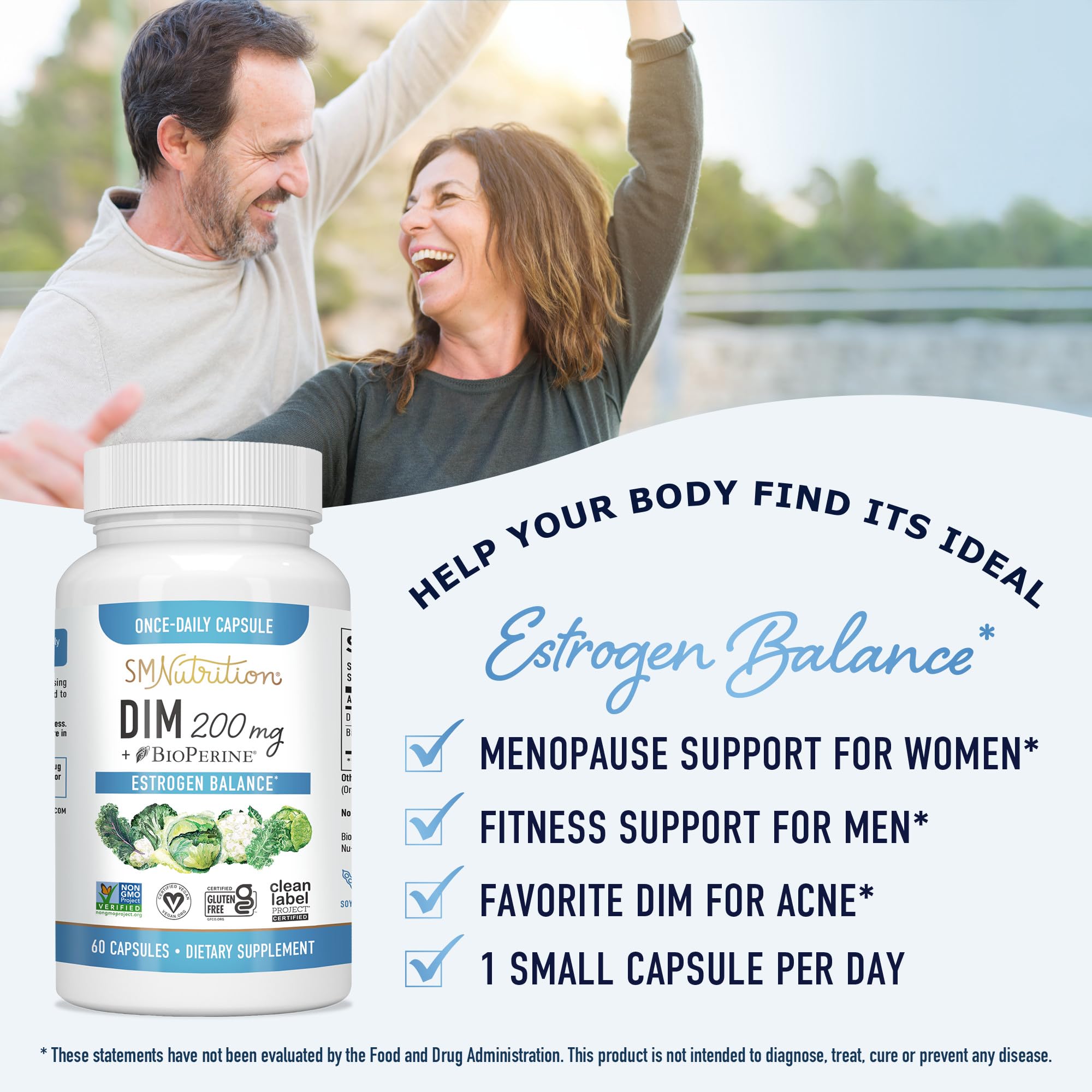 DIM Supplement 200 mg | Estrogen Balance for Women & Men | Hormone Balance, Hormonal Acne Supplements, Menopause Support, Antioxidant Support | Clean Label Project Certified, Vegan, Soy Free | 60 Ct.