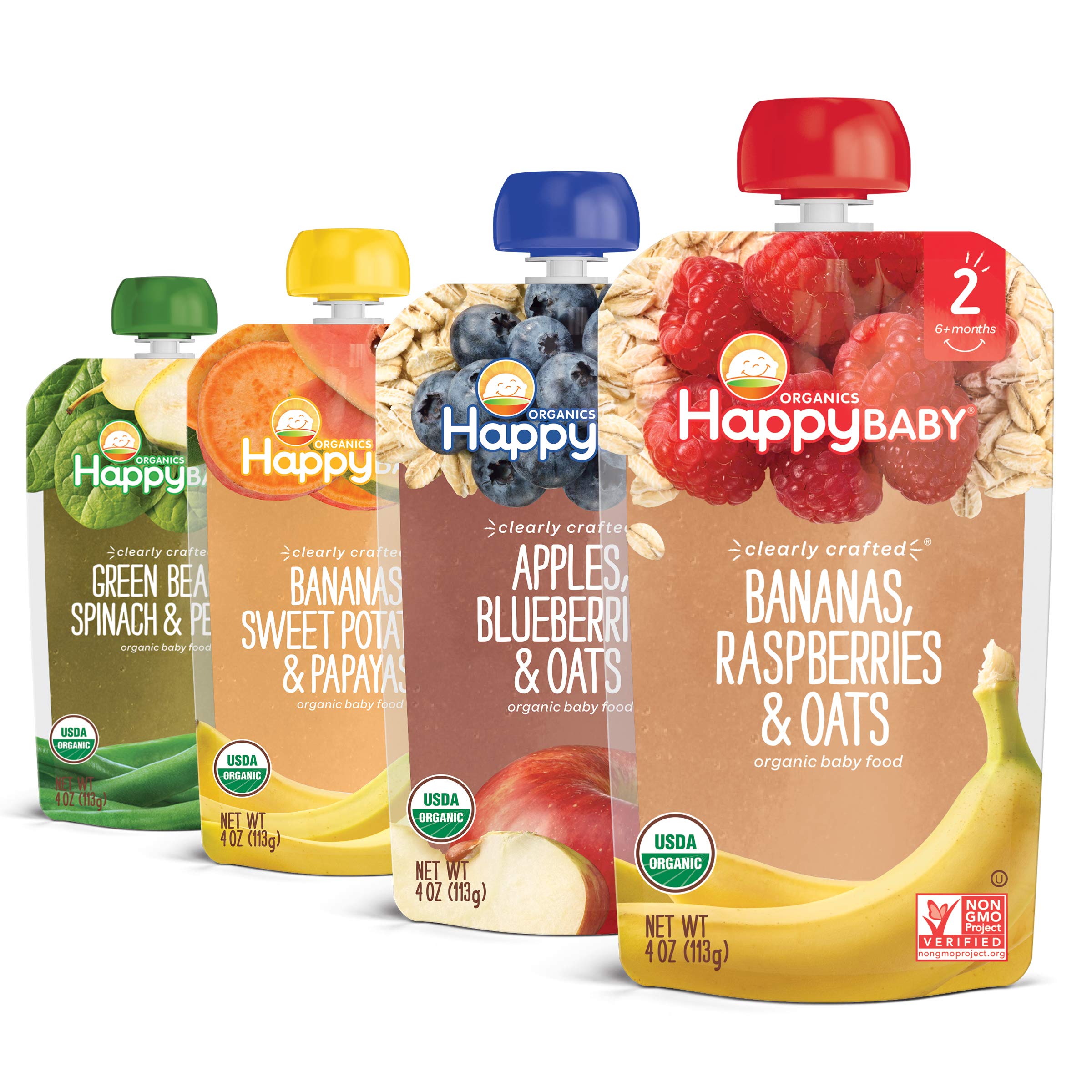 Happy Baby Organics Stage 2 Baby Food Pouches, Gluten Free, Vegan & Healthy Snack, Clearly Crafted Fruit & Veggie Puree, Fruit & Veggie Variety Pack, 4 Ounces (Pack of 16)