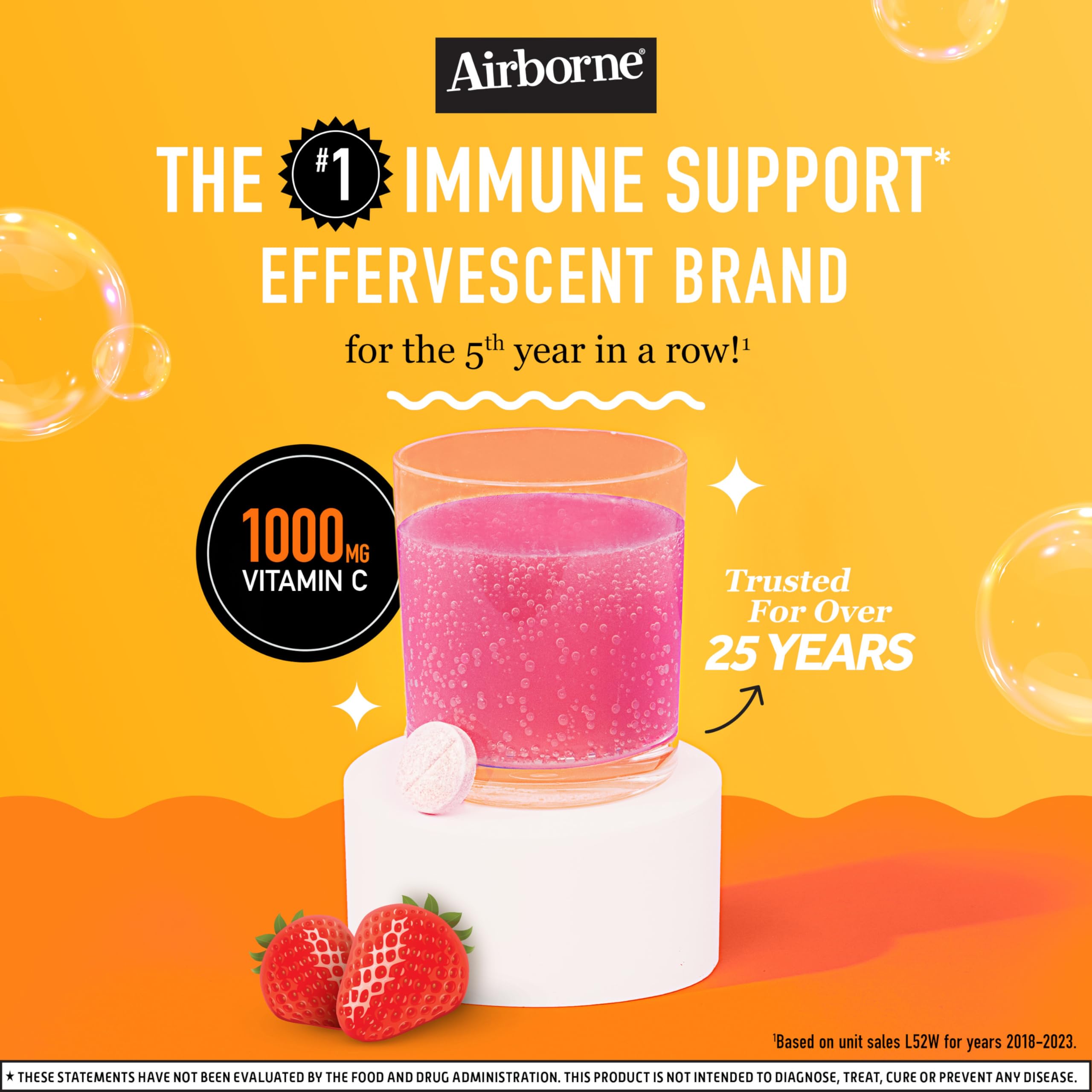 Airborne 1000mg Vitamin C with Zinc, SUGAR FREE Effervescent Tablets, Immune Support Supplement with Powerful Antioxidants Vitamins A C & E - 30 Fizzy Drink Tablets, Very Berry Flavor