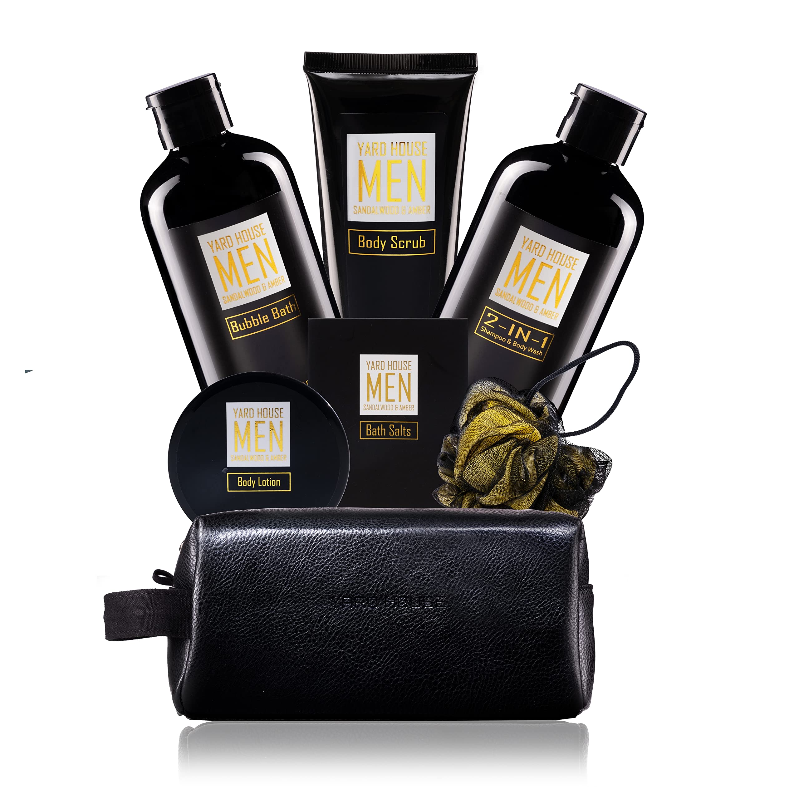 YARD HOUSE Bath and Body Spa Gift Baskets Set for Men - Sandalwood Amber - 7Pc Spa Kit w. Full Size Items in Leather Toiletry Bag - Happy Fathers Day Gifts For Husband, Dad From Wife, Daughter, Son