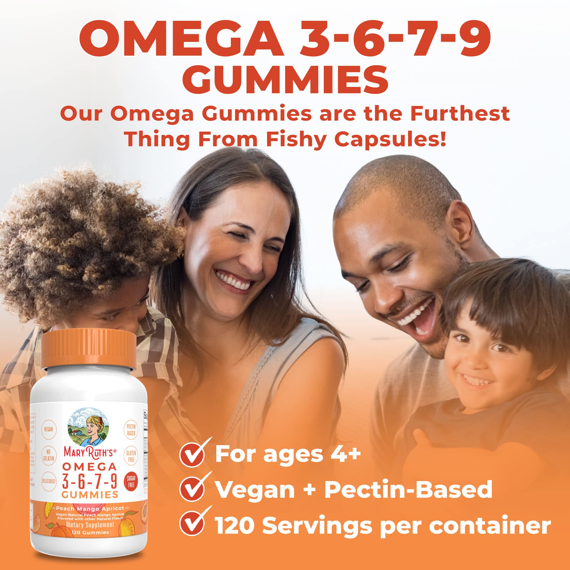 Vegan Omega 3 6 7 9 Gummies by MaryRuth's | Up to 4 Month Supply | Omega 3 Supplement with Flaxseed Oil | Omega 3 Gummies for Immune Support, Heart Health | No Fish Taste | Non-GMO | 120 Count