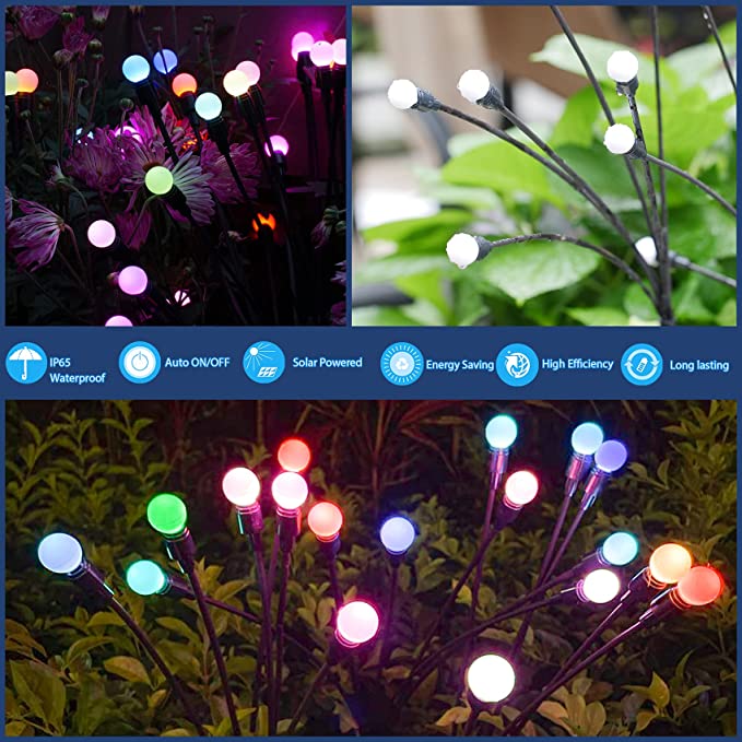 2 Pcs Solar Firefly Lights 7 Colors Variable Swaying Stake Landscape