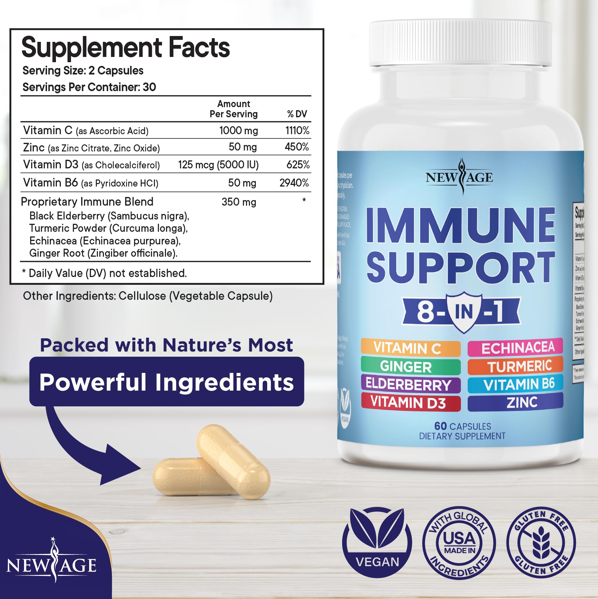 NEW AGE 8 in 1 Immune Support Booster Supplement with Echinacea, Vitamin C and Zinc 50mg, Vitamin D 5000 IU, Turmeric Curcumin & Ginger, B6, Elderberry 120 Count (Pack of 2)