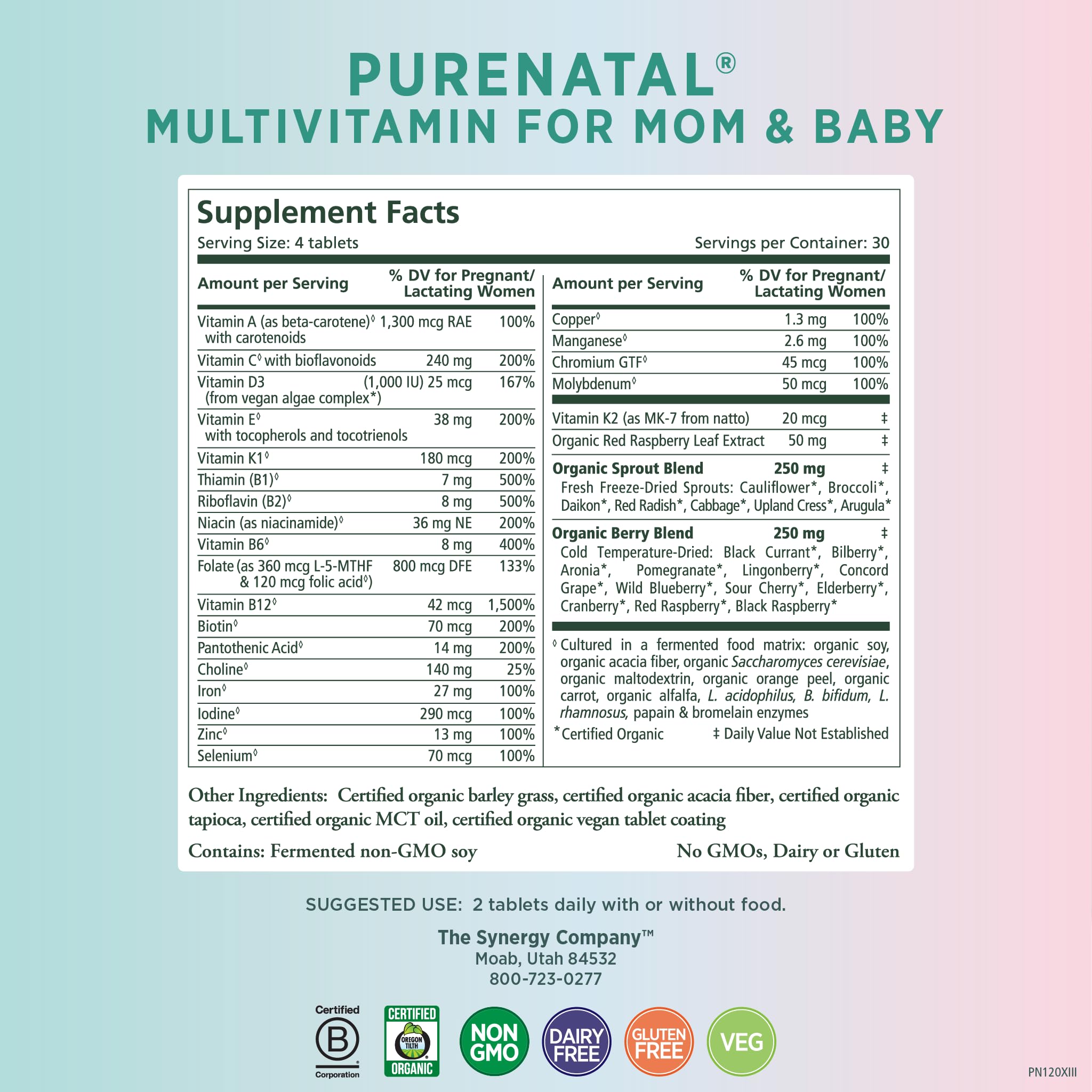 PURE SYNERGY PureNatal Prenatal Vitamins | Vegan Supplement Made with Organic Whole Foods | with Natural Iron, Folate, and Choline | for Pre-Conception, Pregnancy and Breastfeeding (120 Tablets)