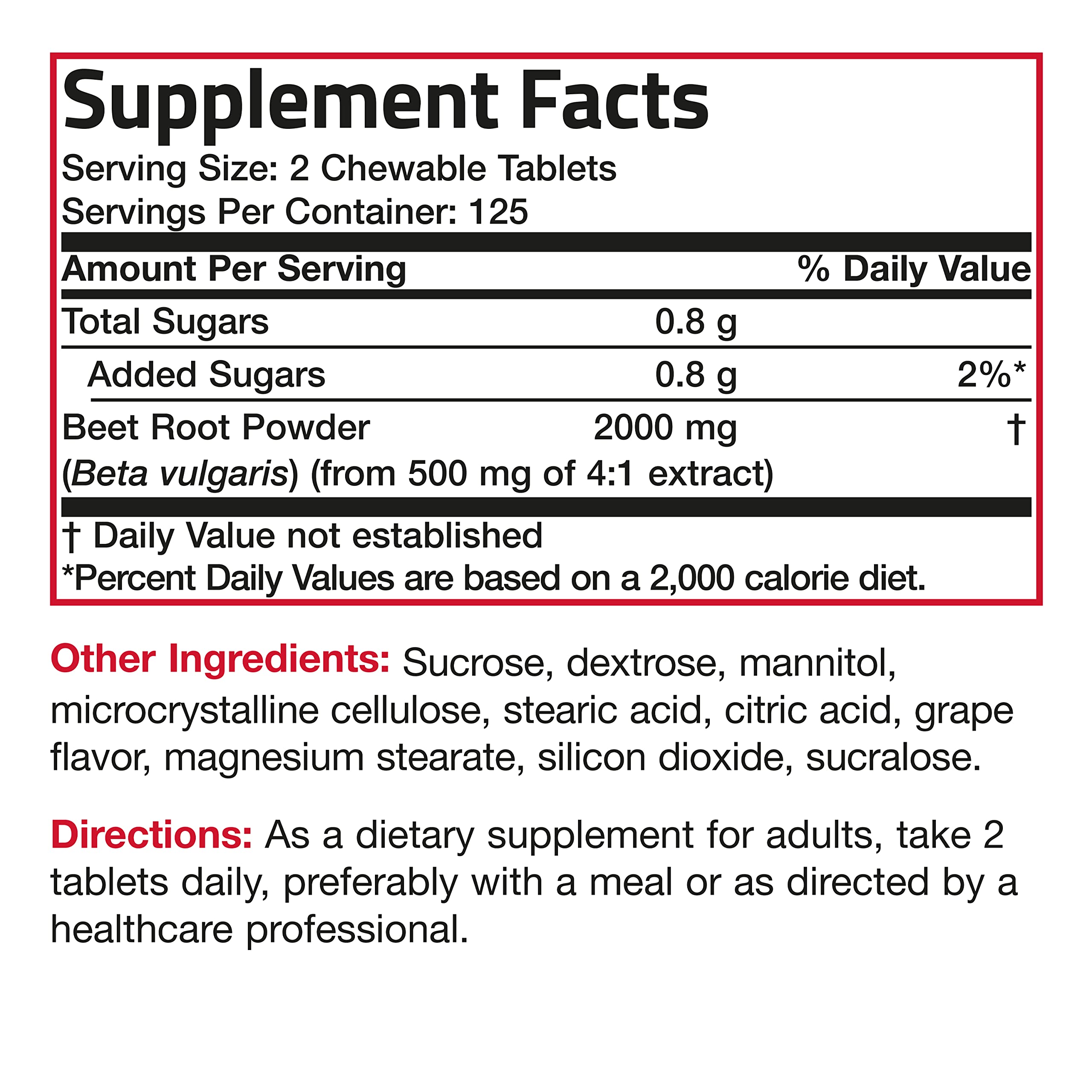 Bronson Beet Root Chewables 2000 MG, Grape Flavored - Extra Strength 2000 MG Per Serving Circulation Support Heart Health & Stamina, Non-GMO, 250 Vegetarian Grape Flavored Chewable Tablets