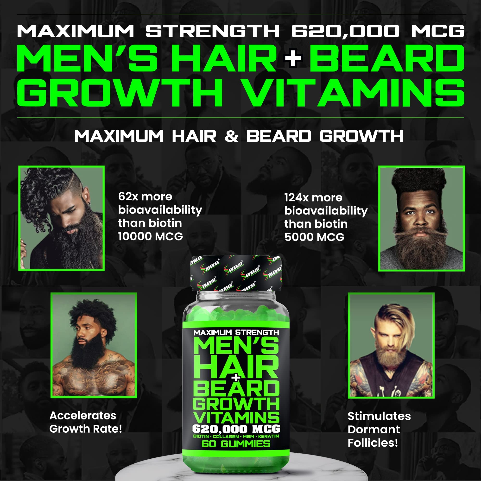 BBS Beard Growth & Hair Growth Vitamins for Men - Maximum Strength 620000mcg Biotin - Collagen - MSM - Keratin - Bamboo Extract - Multivitamin Gummies (Made by Best Beard Stuff USA)