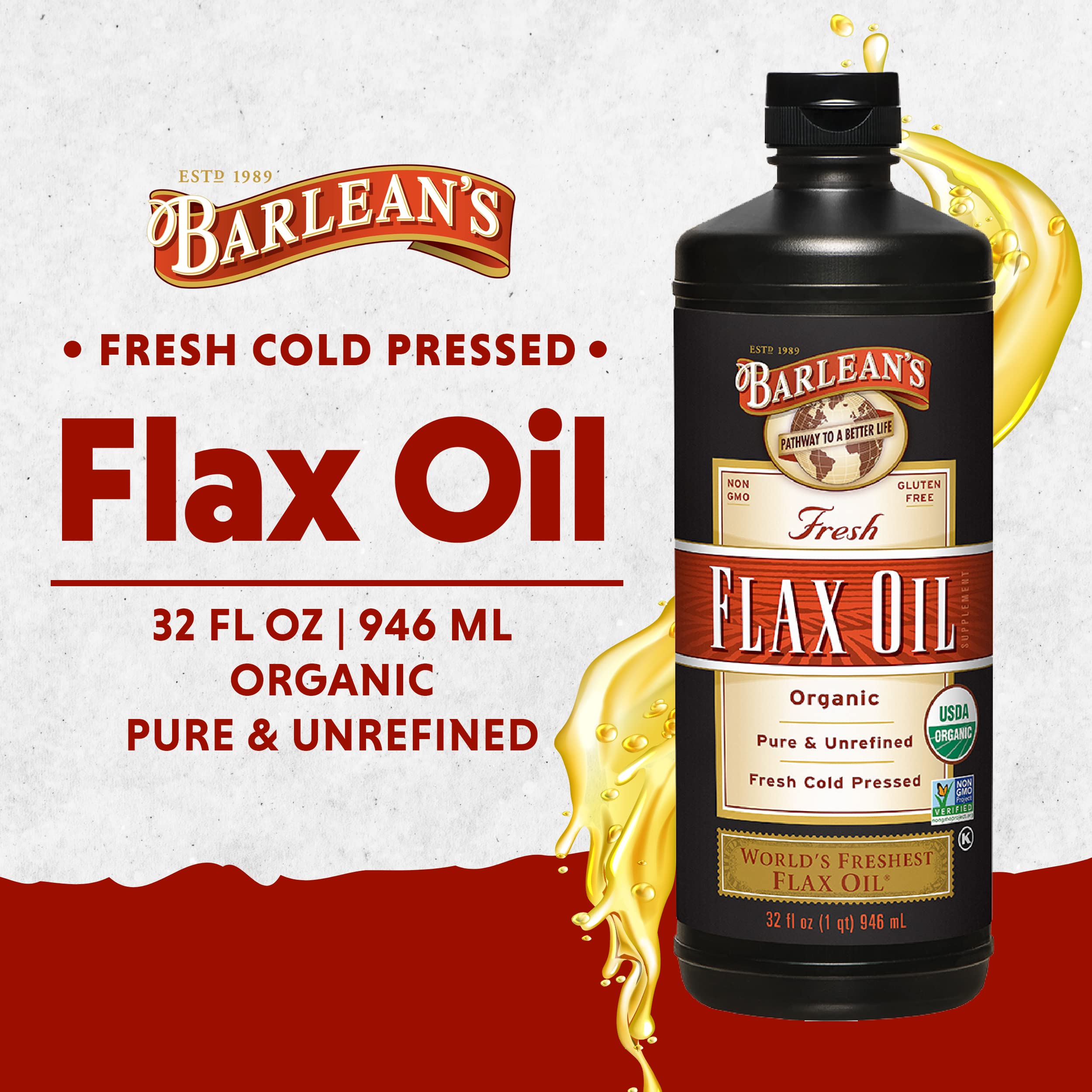 Barlean's Organic Flaxseed Oil Liquid, Cold Press Flax Seeds, 7,640mg ALA Omega 3 Fatty Acid Supplement for Joint and Heart Health & Healthy Digestion, 32 oz