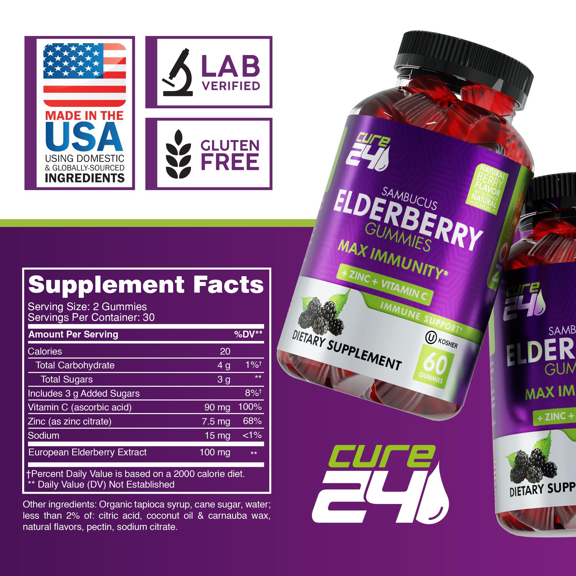 Cure24 Sambucus Elderberry Gummies for Adults & Kids, Black Elderberry Vitamin c and zinc Supplements, Triple Immune Support Supplement, 60 Chews, Made in USA