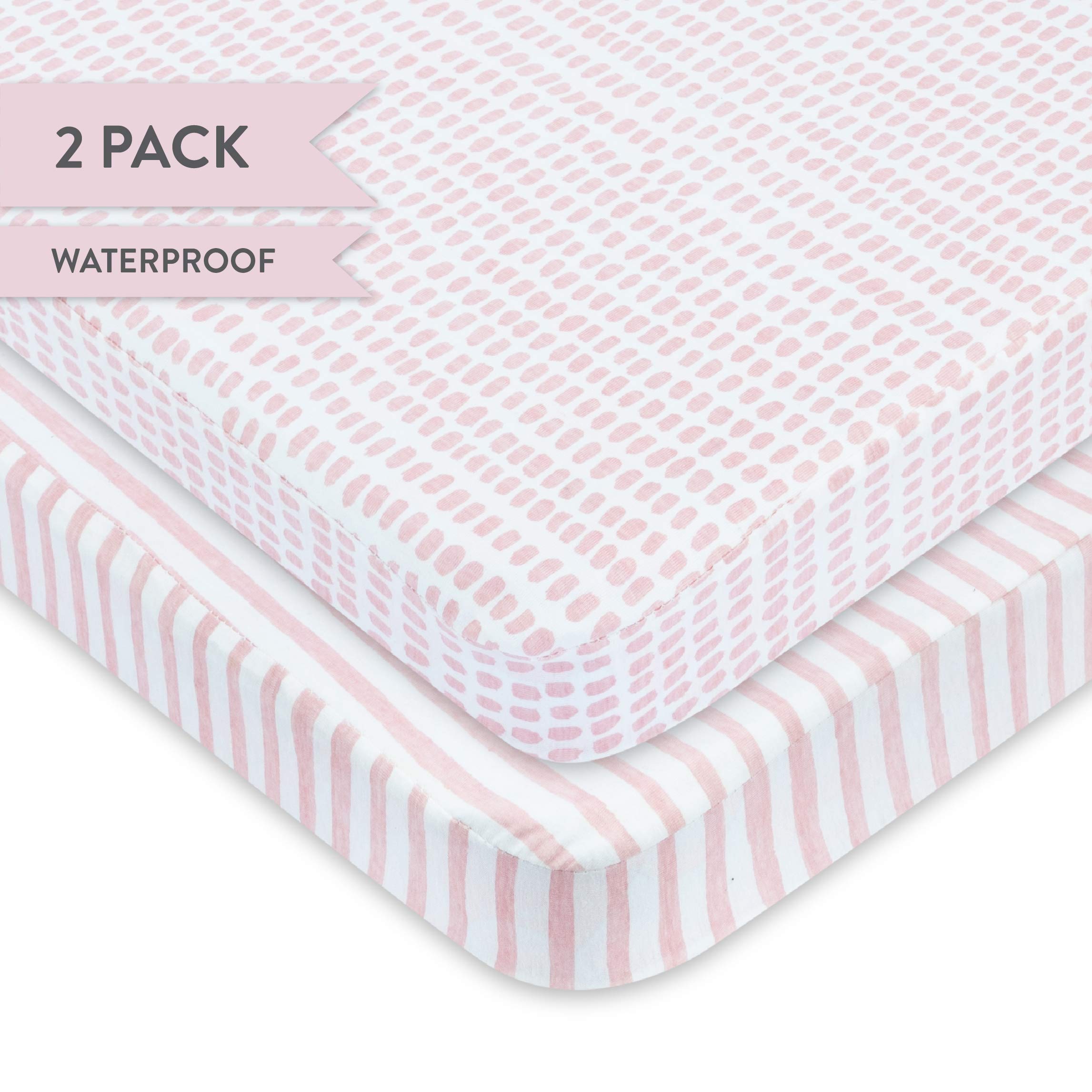 Ely's & Co. Patent Pending Waterproof Pack N Play/Mini Portable Crib Sheet with Mattress Pad Cover Protection I Mauve Pink Stripes and Splash by Ely's & Co.