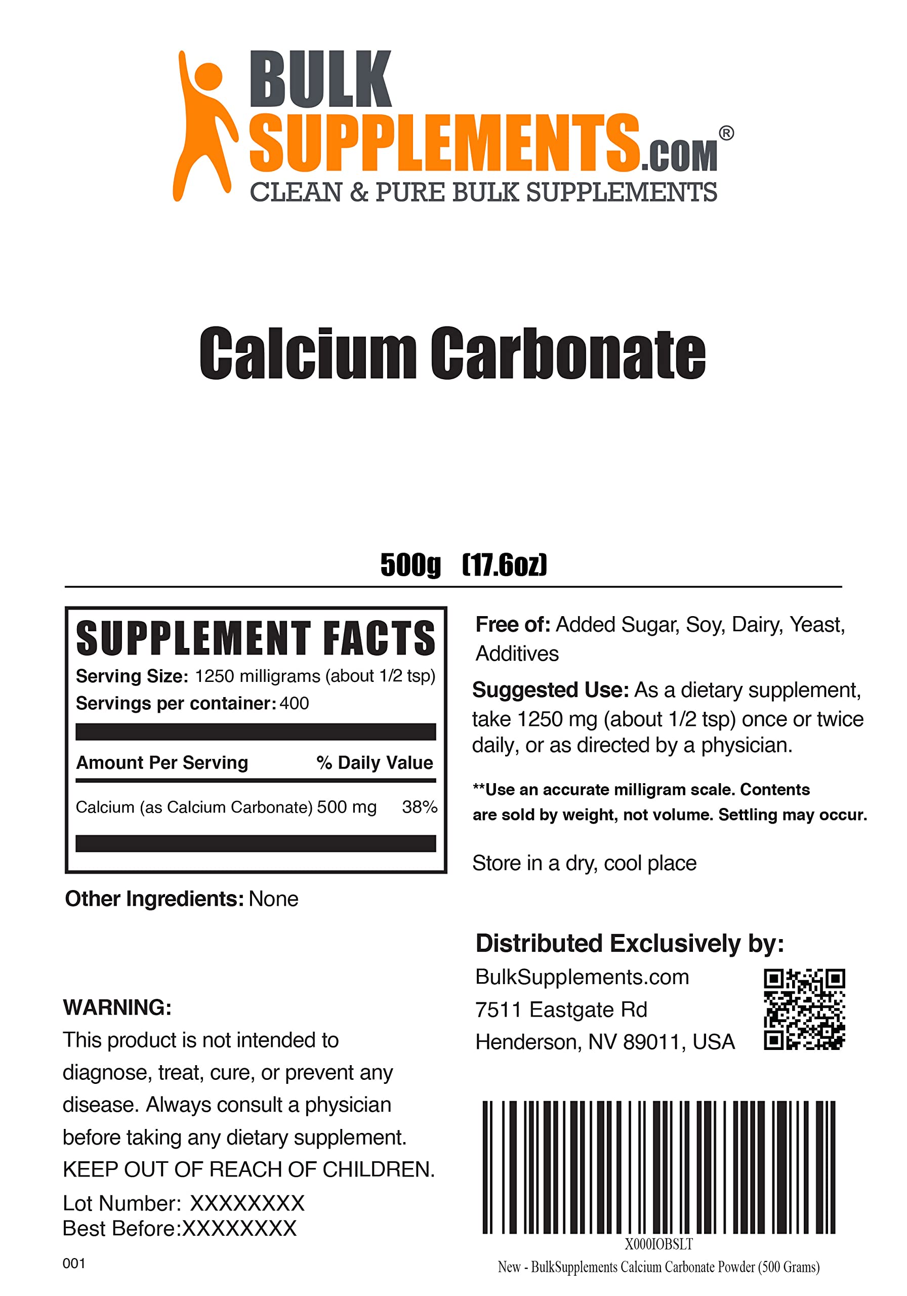 BulkSupplements.com Calcium Carbonate Powder - Calcium 500mg - Calcium Supplement - Vegan Calcium - Calcium Carbonate Food Grade - Calcium Powder - 1250mg per Serving (500 Grams - 1.1 lbs)