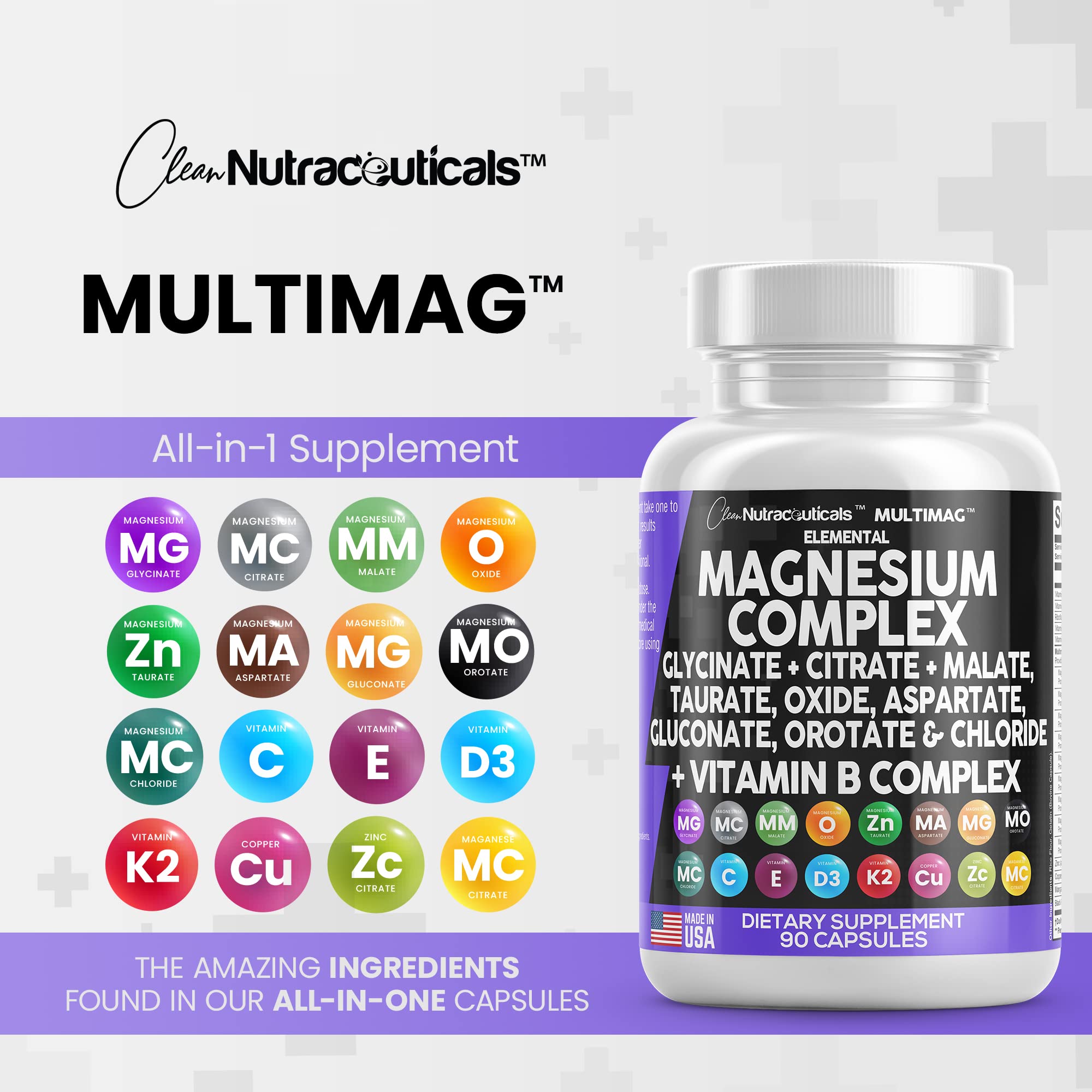 Magnesium Complex 2285mg with Glycinate Citrate Malate Oxide Taurate Aspartate Gluconate Orotate & Mag Chloride, Zinc Copper Manganese Vitamin C B1 B2 B6 B12 - 90 Count