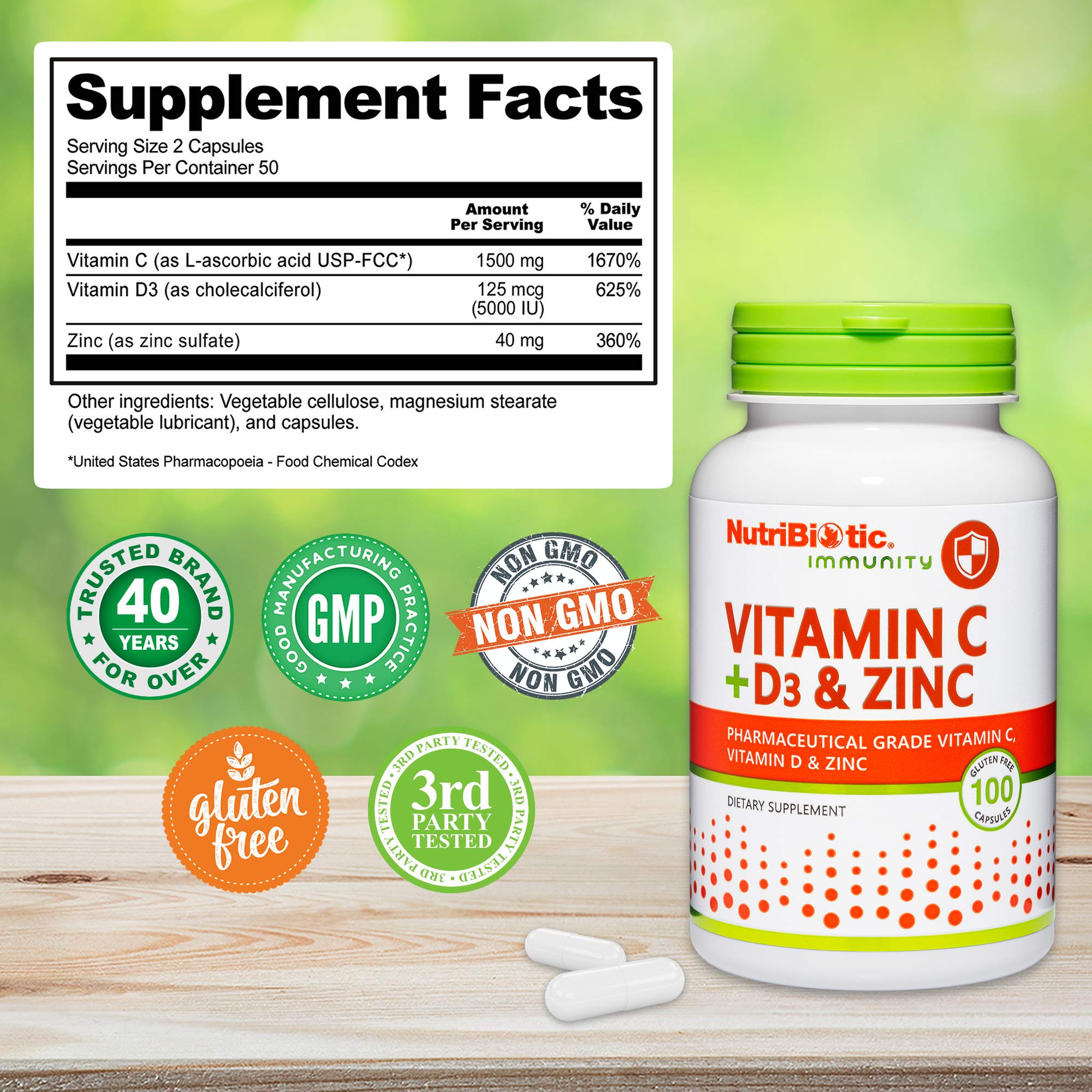 NutriBiotic – Vitamin C + Vitamin D3 & Zinc, 100 Capsules | Potent, Comprehensive Immune Support | Essential & Antioxidant Daily Supplement | Gluten & GMO Free