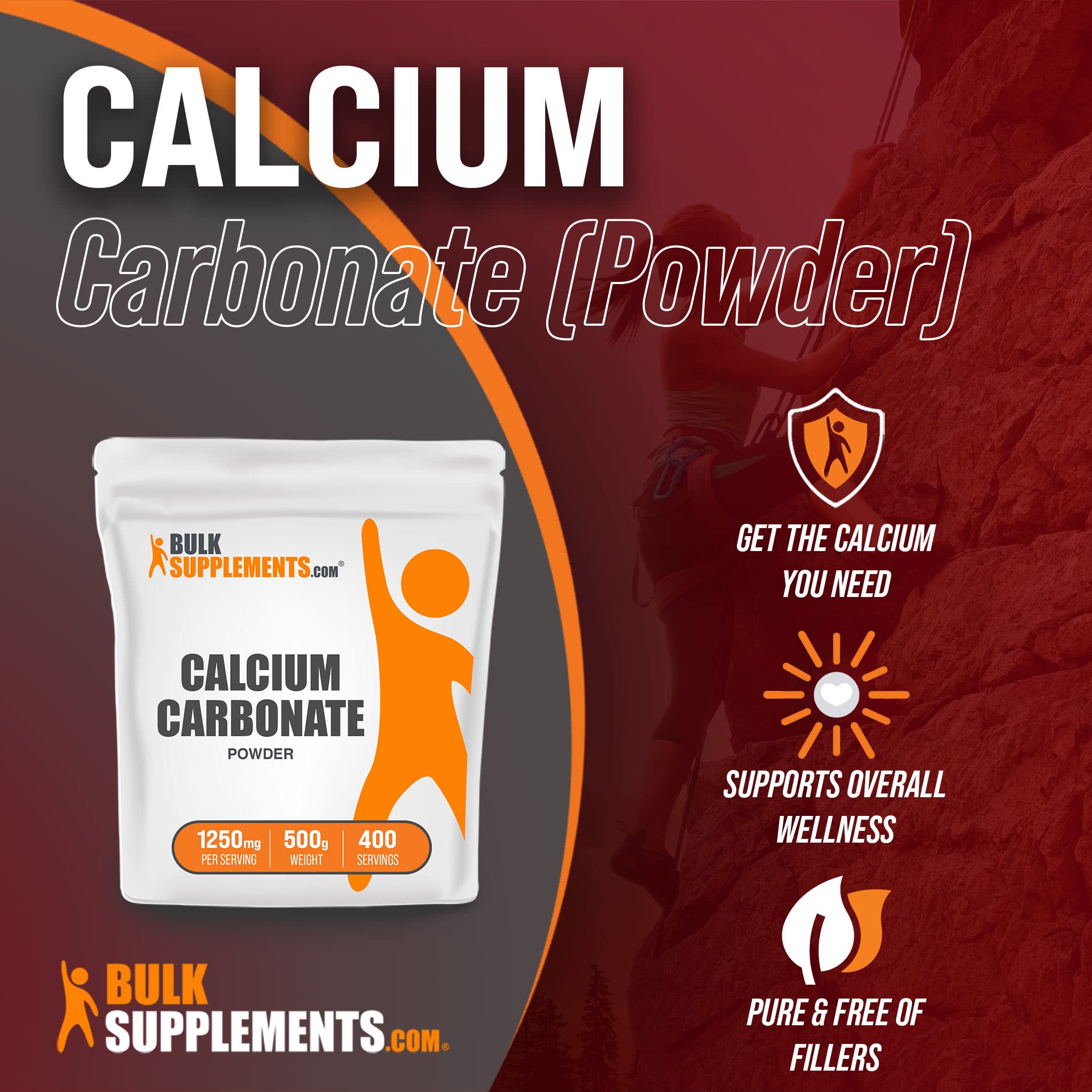 BulkSupplements.com Calcium Carbonate Powder - Calcium 500mg - Calcium Supplement - Vegan Calcium - Calcium Carbonate Food Grade - Calcium Powder - 1250mg per Serving (500 Grams - 1.1 lbs)