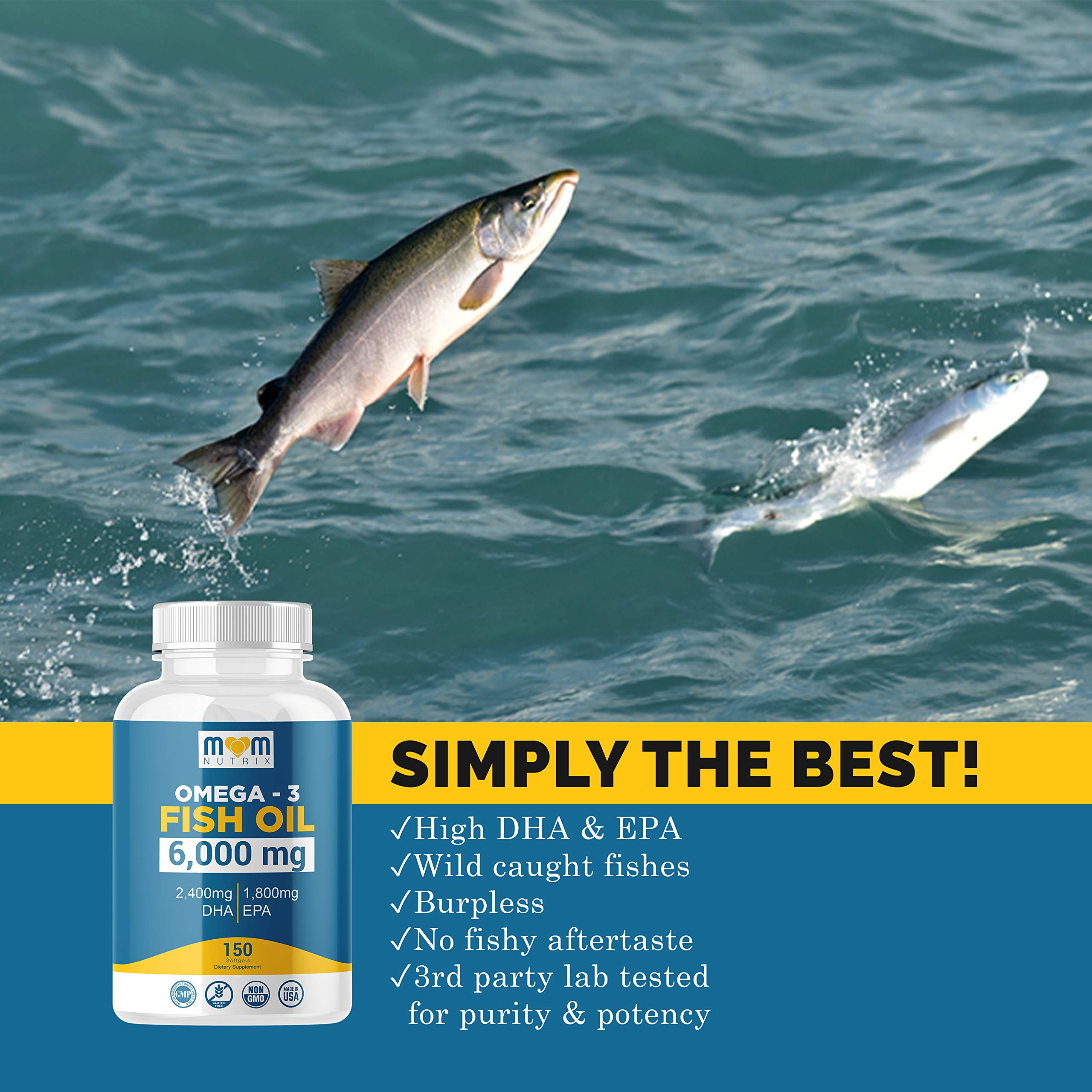 Omega 3 Fish Oil 6000 Mg with Maximum EPA DHA - Supports Brain, Liver, Heart & Immunity - Made in The USA - 150 Softgels