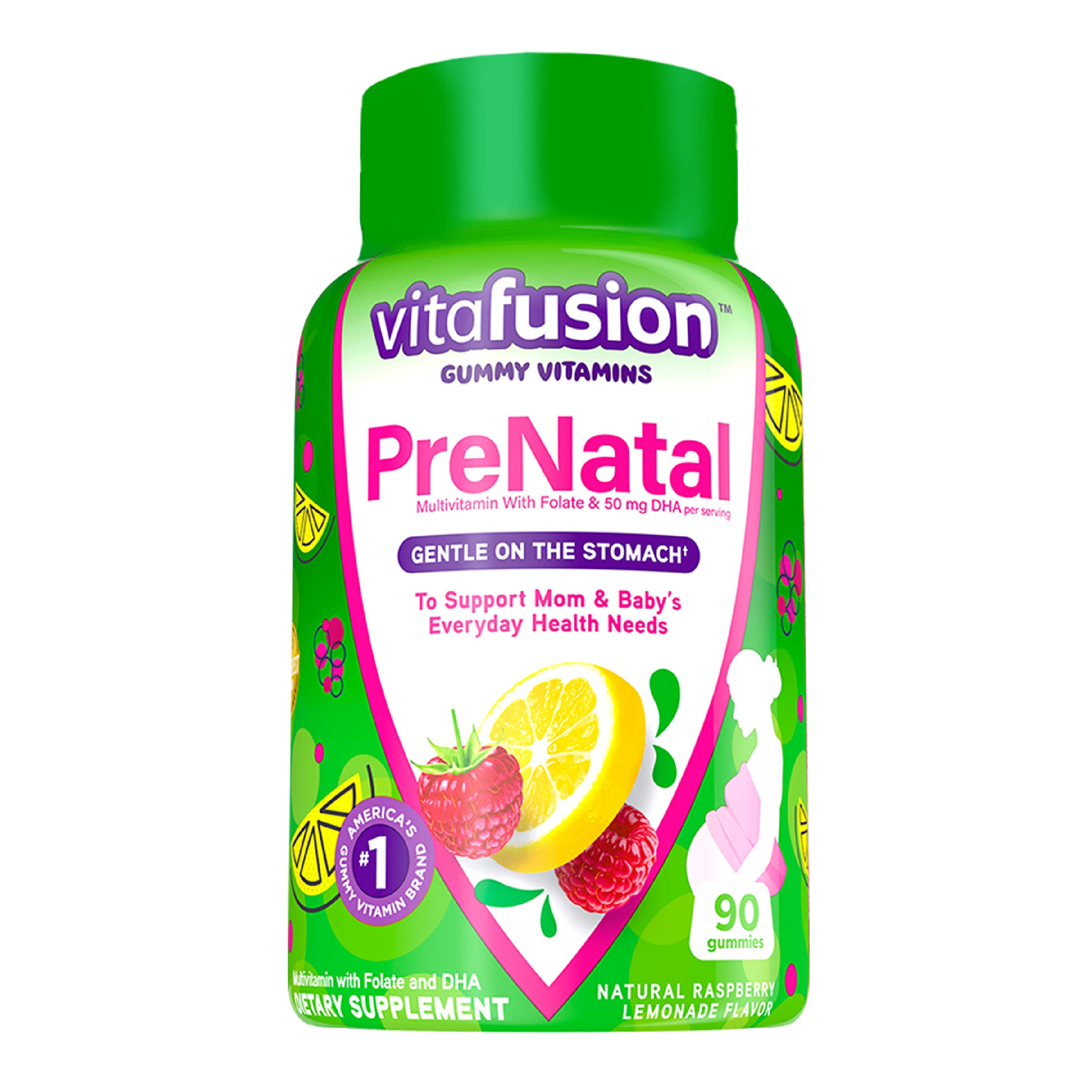 vitafusion PreNatal Gummy Vitamins, Raspberry Lemonade Flavored, Pregnancy Vitamins for Women, With Folate and DHA, America’s Number 1 Gummy Vitamin Brand, 45 Day Supply, 90 Count