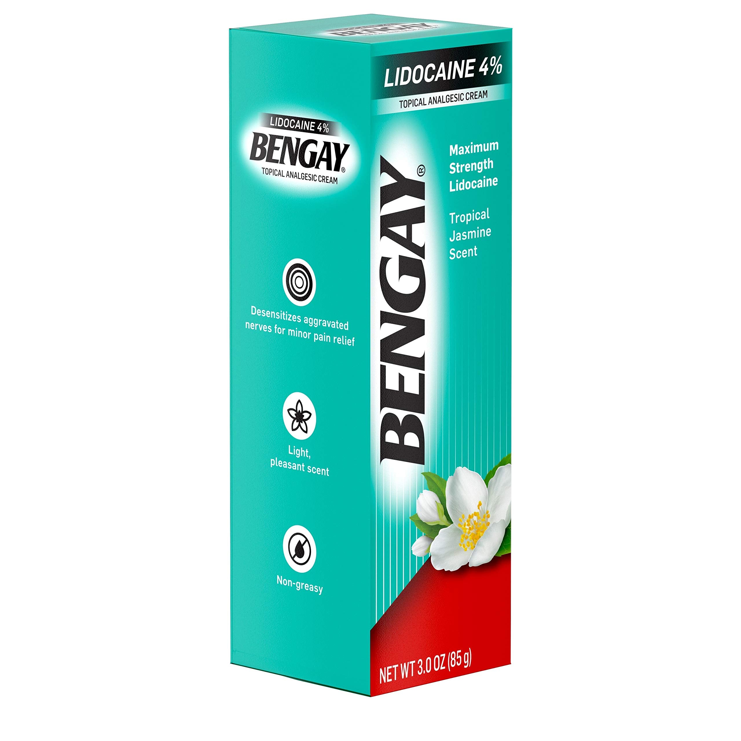 Bengay Pain Relieving Lidocaine Cream Topical Analgesic, Tropical Jasmine Scent, 3 oz