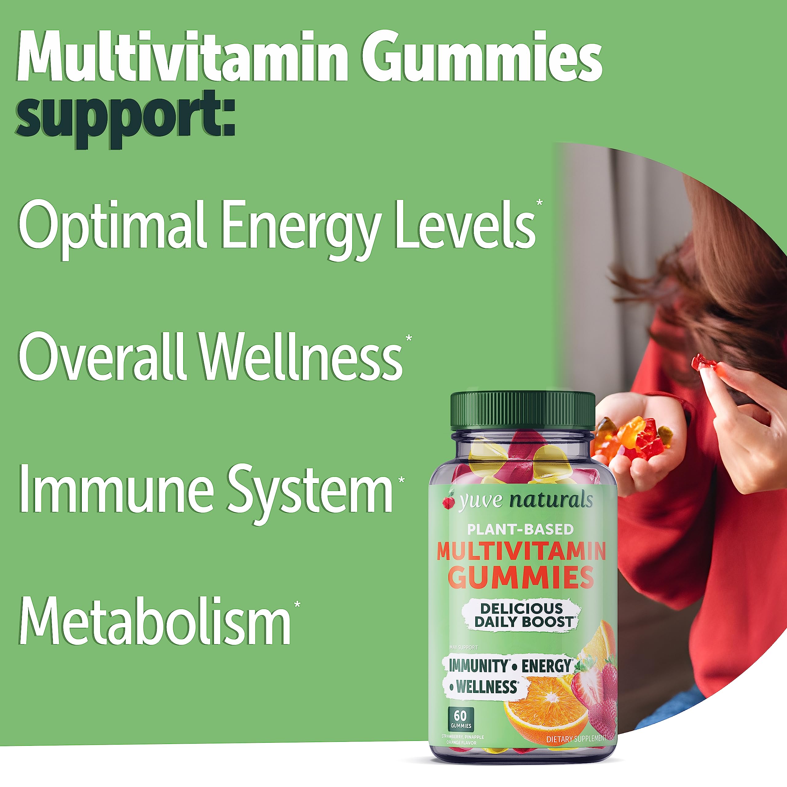 Yuve Vegan Multivitamin Gummies for Men and Women - Daily Energy, Strength, Immunity - Vitamin A, C, B3, B6, B12, Biotin & Zinc - Delicious Chewable Supplement - Non-GMO, Gluten & Gelatin-Free - 60ct