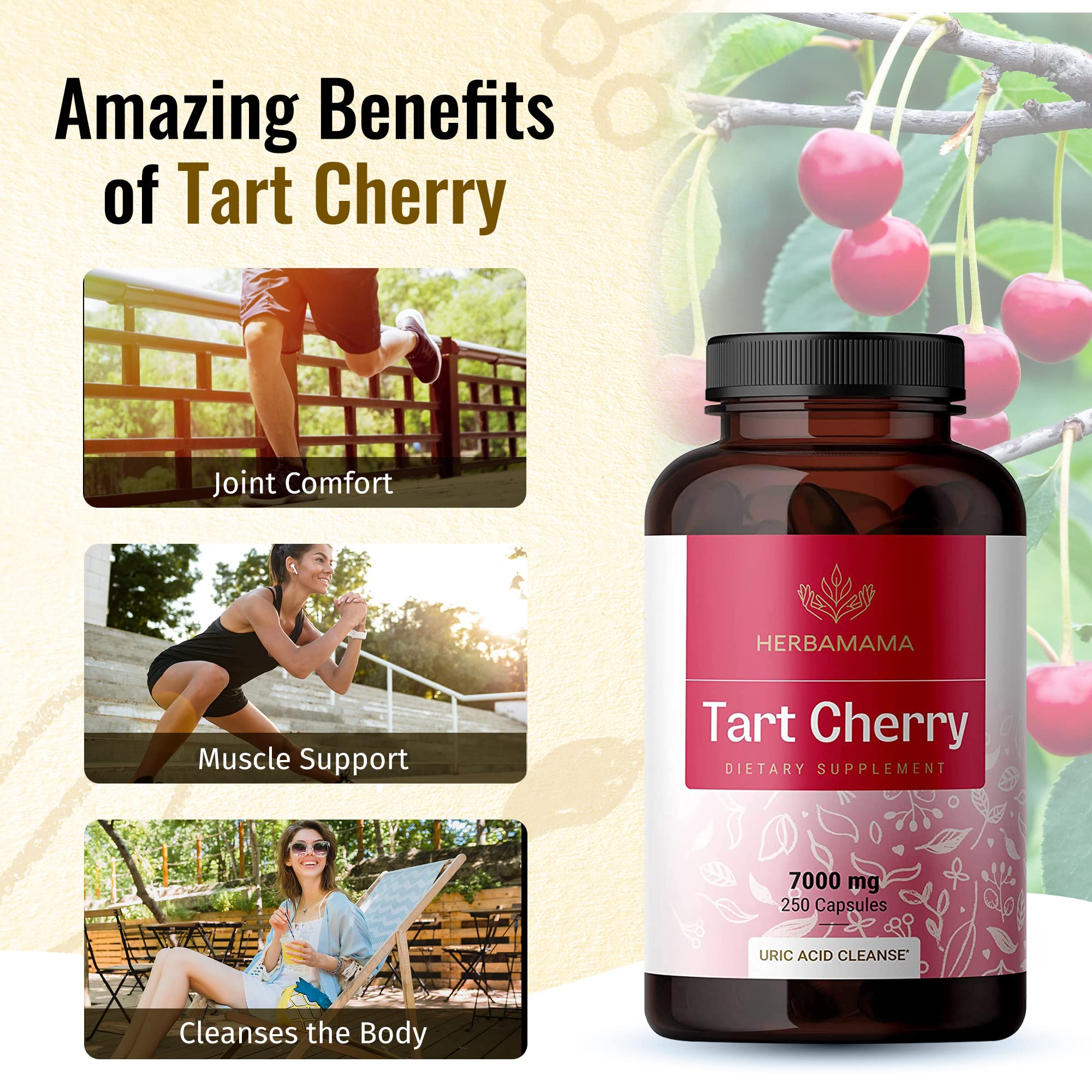 HERBAMAMA Tart Cherry Extract Capsules - Tart Cherry Extract Supplement -Nutritional Tart Cherry Capsules - Non-GMO 7000 mg, 250 Caps