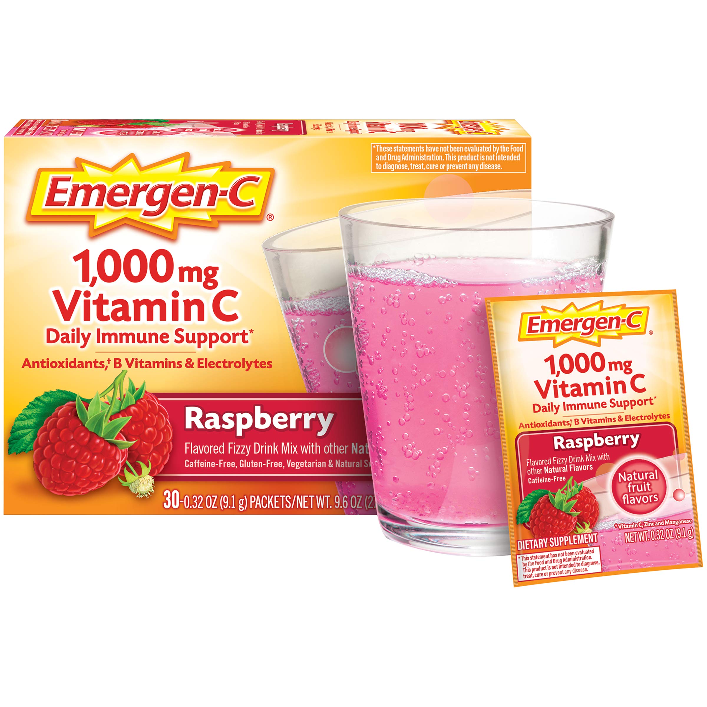 Emergen-C (30 Count, Raspberry Flavor) Dietary Supplement Drink Mix With 1000mg Vitamin C, 0.32 Ounce Packets, Caffeine Free