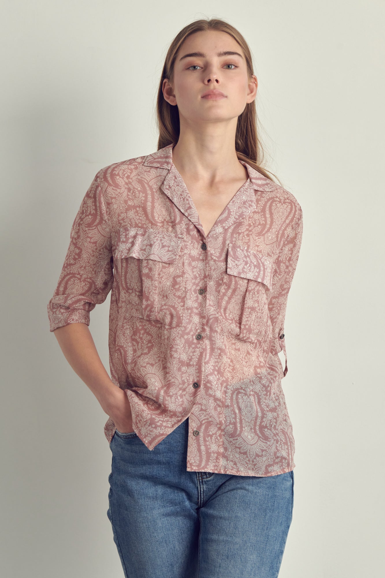 Draped front swirl print blouse