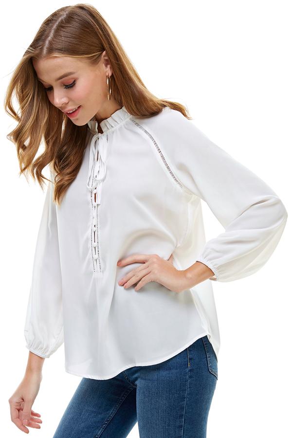 Lattice Trimmed Long Sleeves Tie Neck Blouse