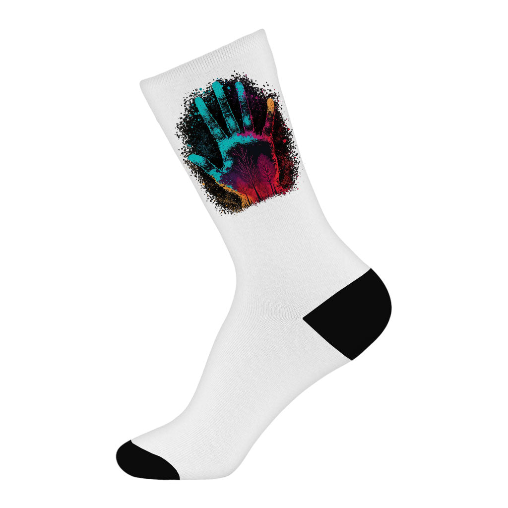 Hand Print Socks - Neon Novelty Socks - Cool Crew Socks