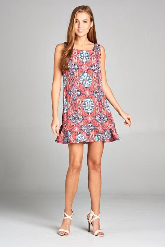 Tile Print Shift Dress with Ruffle Hem Detail