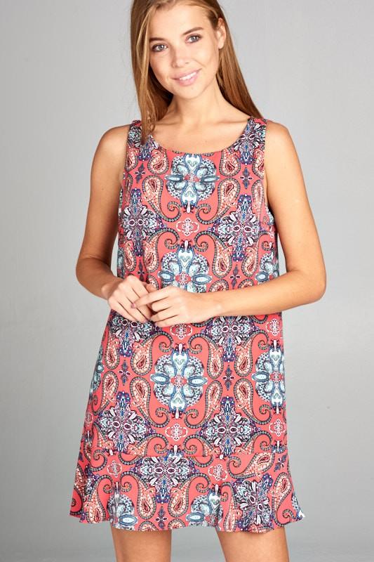 Tile Print Shift Dress with Ruffle Hem Detail