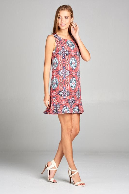 Tile Print Shift Dress with Ruffle Hem Detail