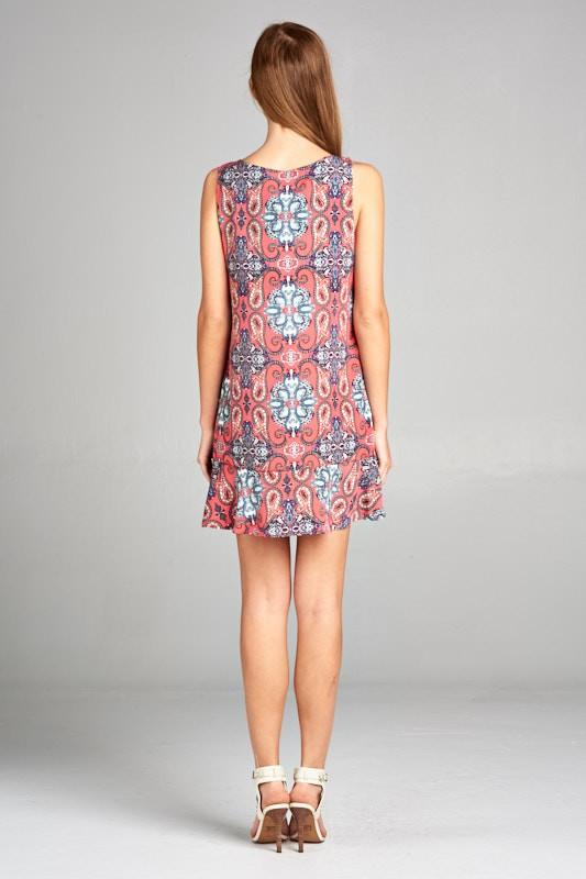 Tile Print Shift Dress with Ruffle Hem Detail