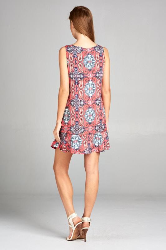 Tile Print Shift Dress with Ruffle Hem Detail