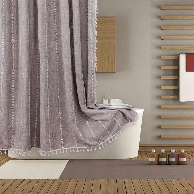 Luxurious Boho-Chic Striped Linen Cotton Shower Curtain with Tassels and Hooks