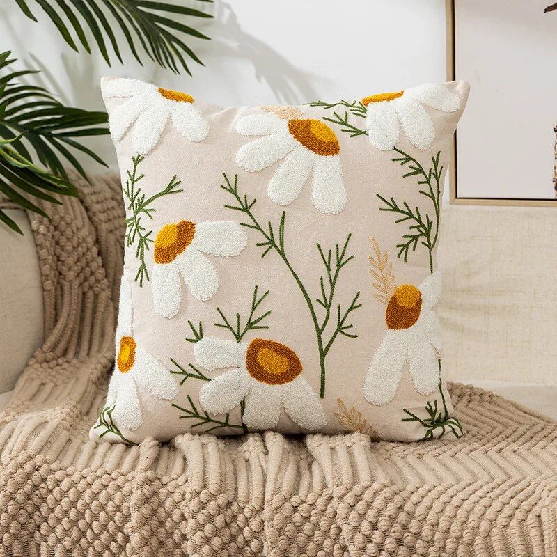 Embroidered Floral Canvas Cushion Cover