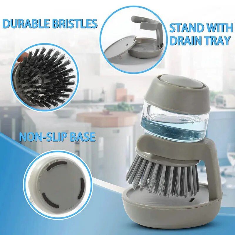 Eco-Friendly Kitchen Scrub Brush with Soap Dispenser and Holder