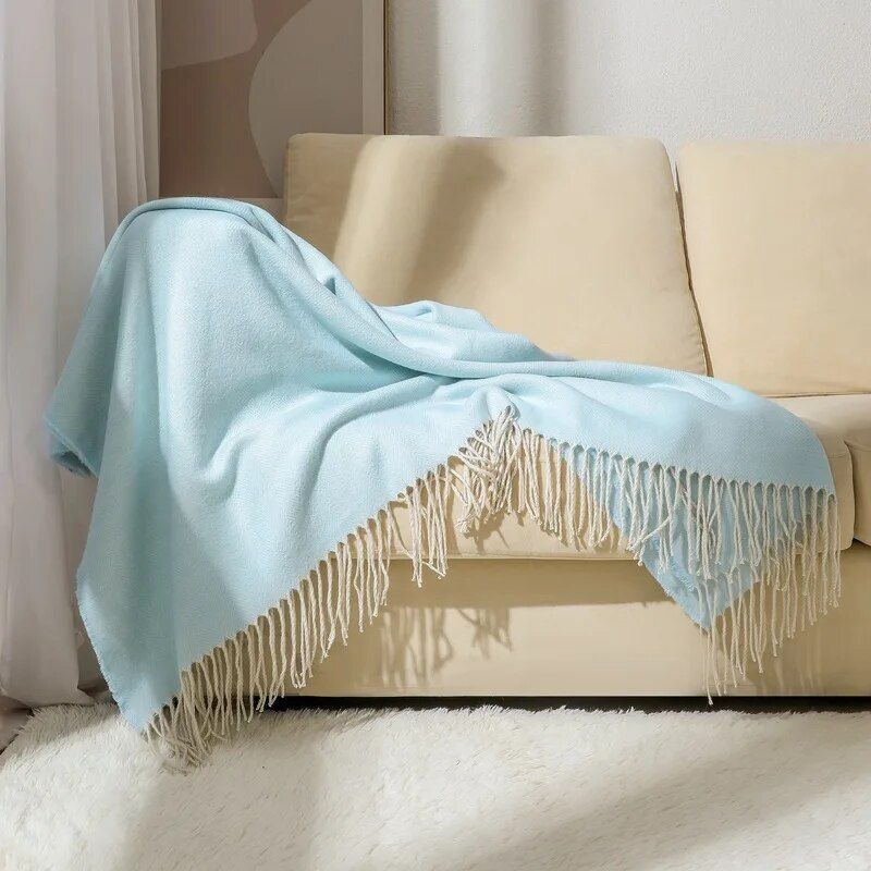 Boho-Chic Striped Knitted Blanket with Tassels for Sofa and Bed Decor