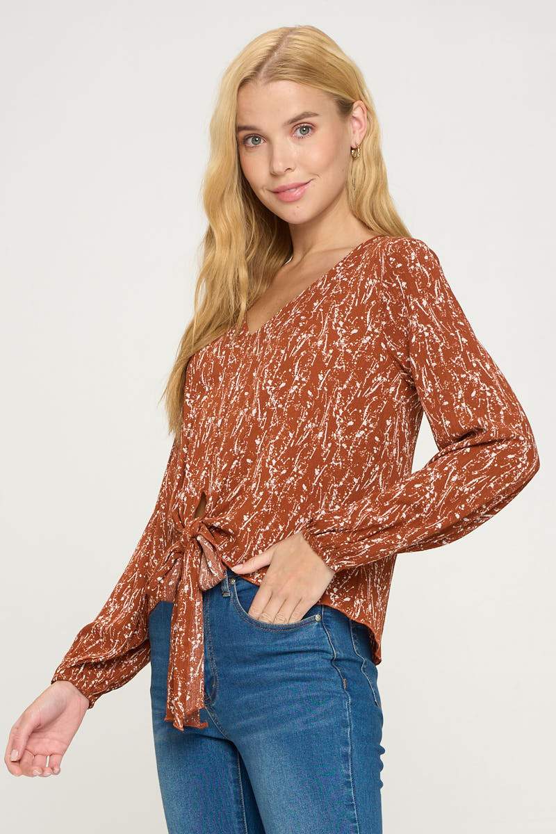 V Neck Long Sleeve Tie Front Pop Over Blouse Top