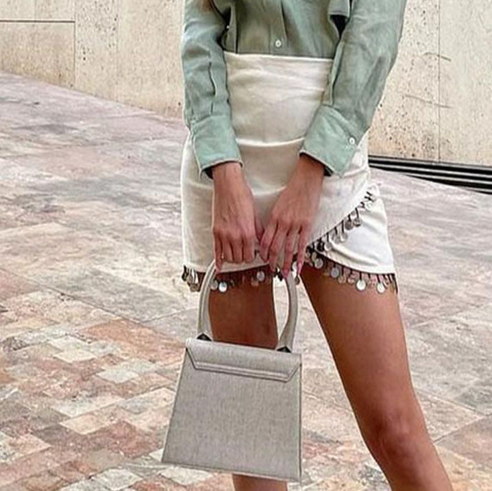 Beige Linen Beaded Short Skirt