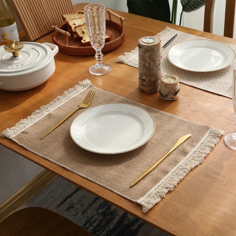 Elegant Jute & Linen Tassel Table Mats - Prairie Chic Rectangular Placemats for Home & Events