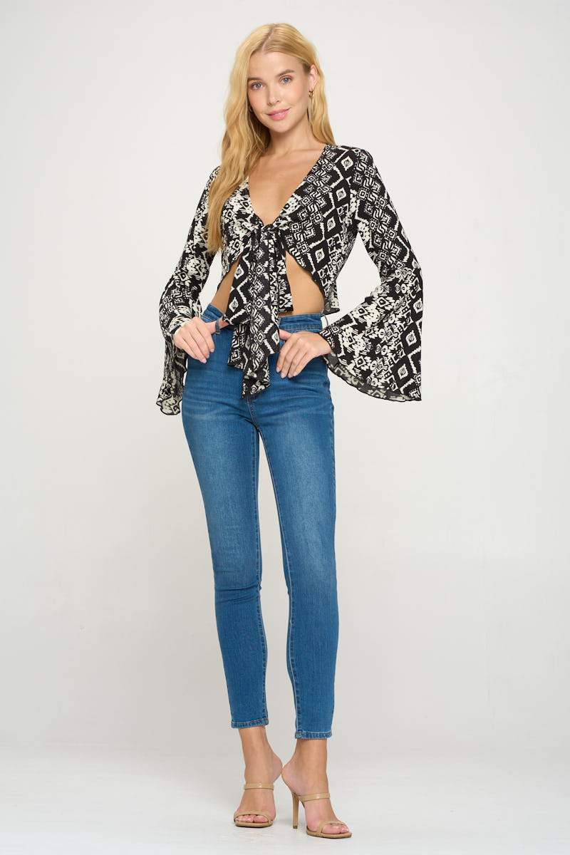 Tie Front Long Sleeve Crop Cardigan Ditsy Floral