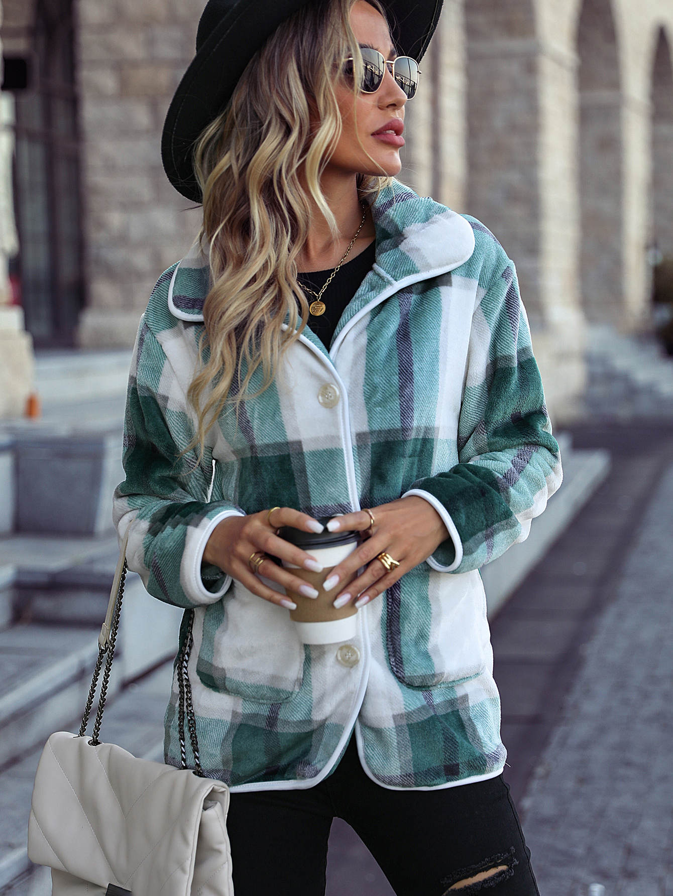 Plaid Collared Neck Brushed Jacket