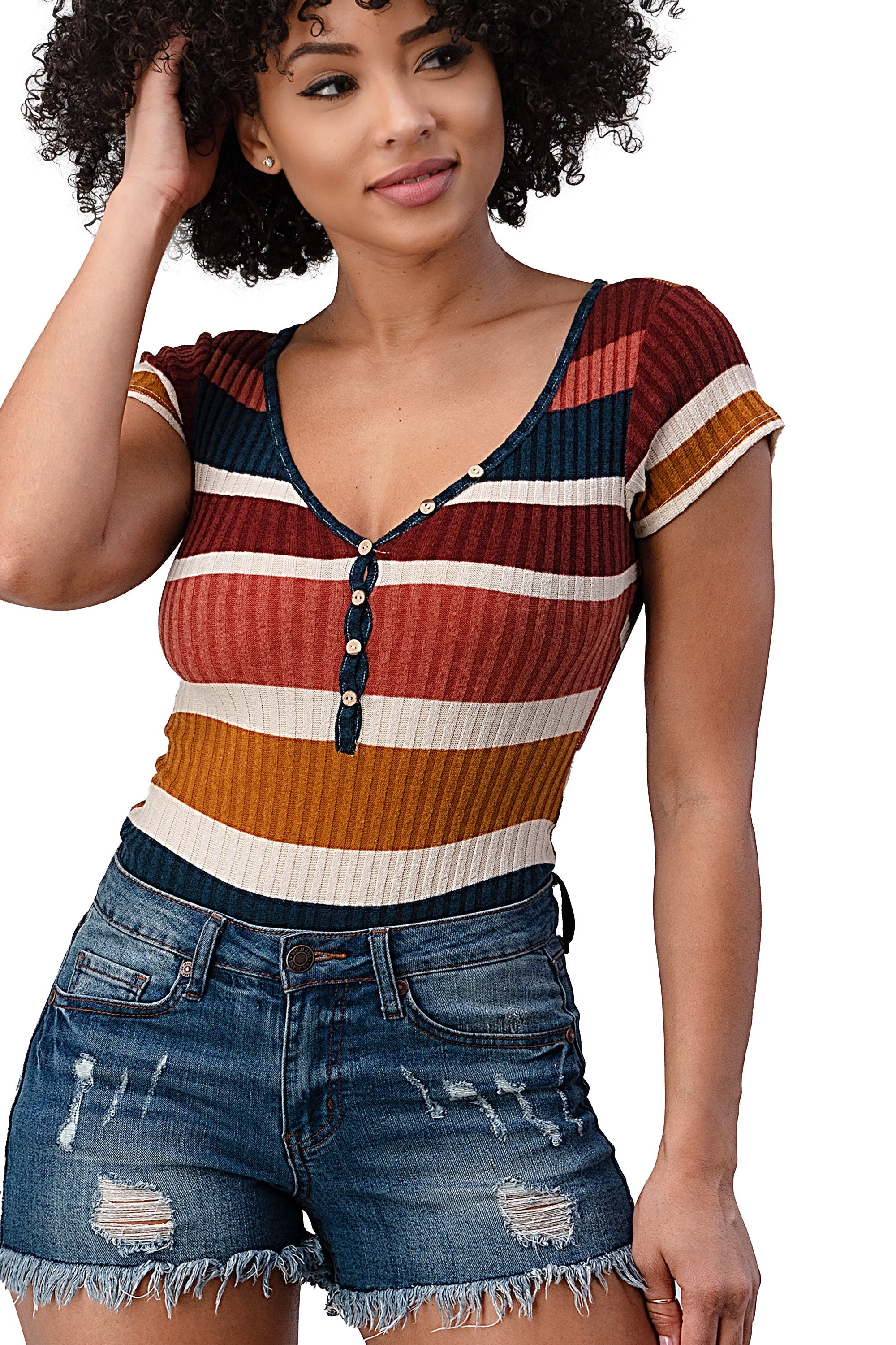 RIB MULTI STRIPE BUTTON NECK SHORT SLEEVE BODYSUIT